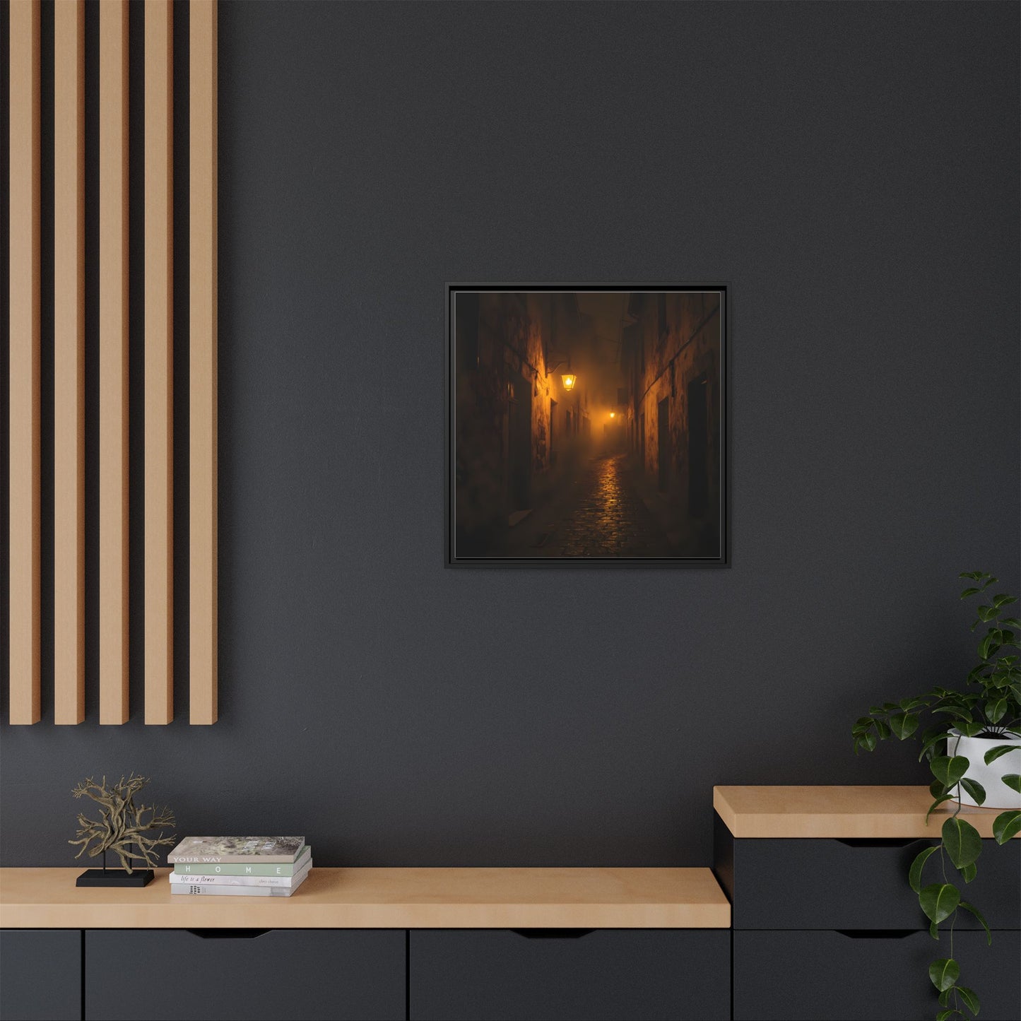 Framed Canvas Art, Foggy Street, Moody Wall Decor, Cozy Home Aesthetic, Gift for Art Lovers, Nighttime Atmosphere
