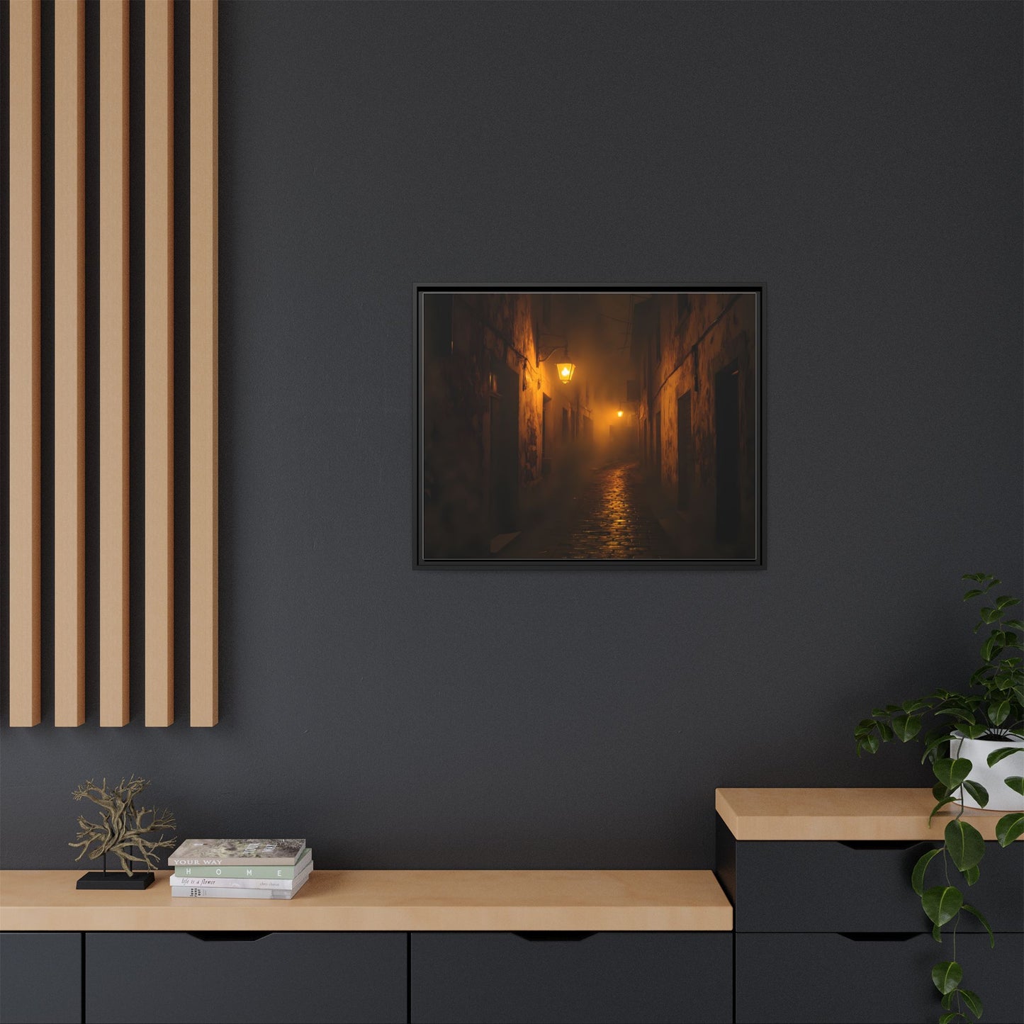 Framed Canvas Art, Foggy Street, Moody Wall Decor, Cozy Home Aesthetic, Gift for Art Lovers, Nighttime Atmosphere