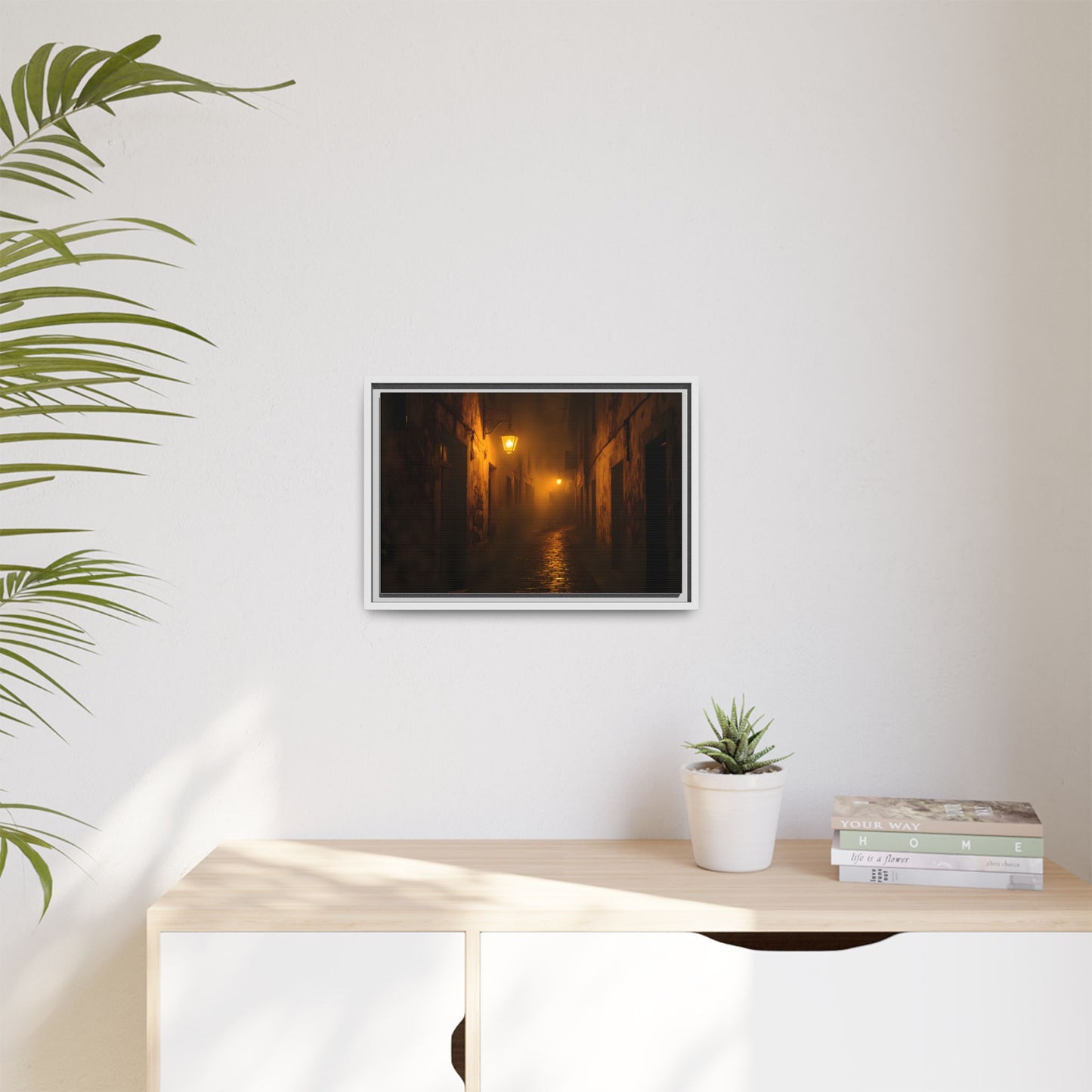 Framed Canvas Art, Foggy Street, Moody Wall Decor, Cozy Home Aesthetic, Gift for Art Lovers, Nighttime Atmosphere
