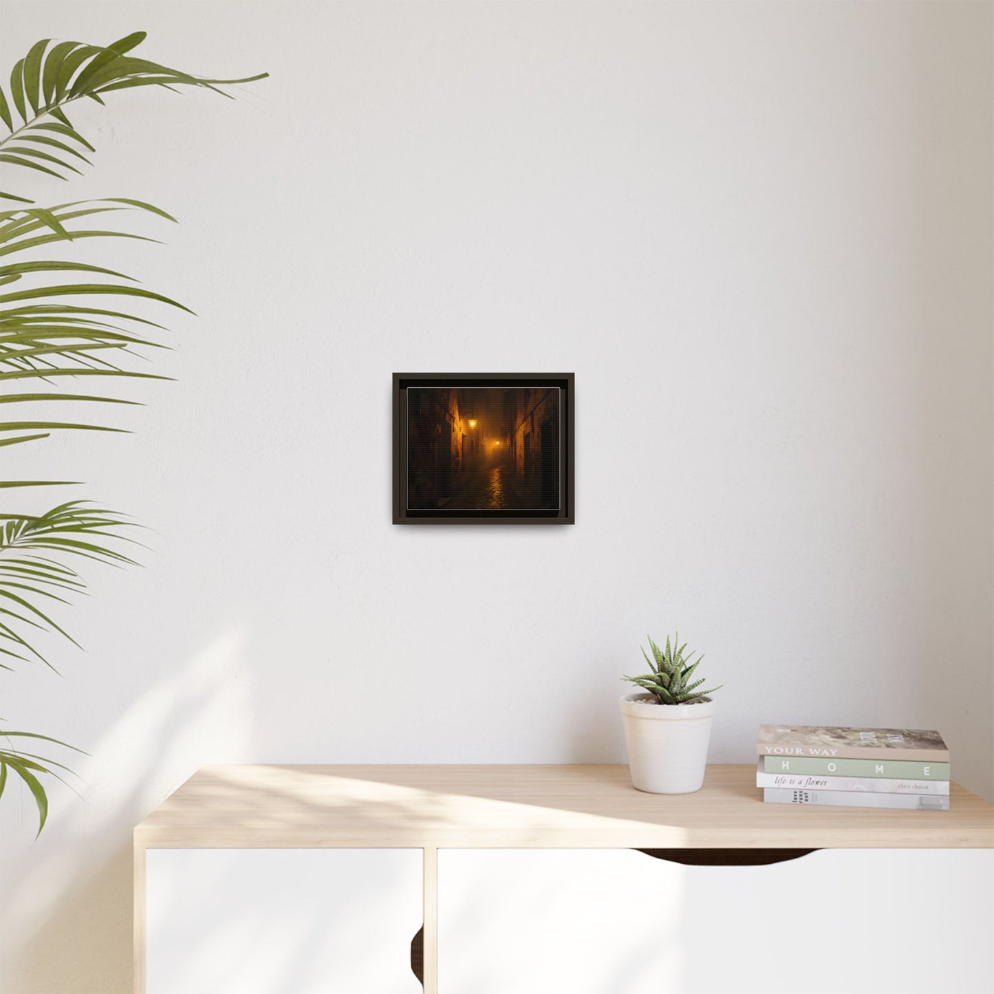 Framed Canvas Art, Foggy Street, Moody Wall Decor, Cozy Home Aesthetic, Gift for Art Lovers, Nighttime Atmosphere