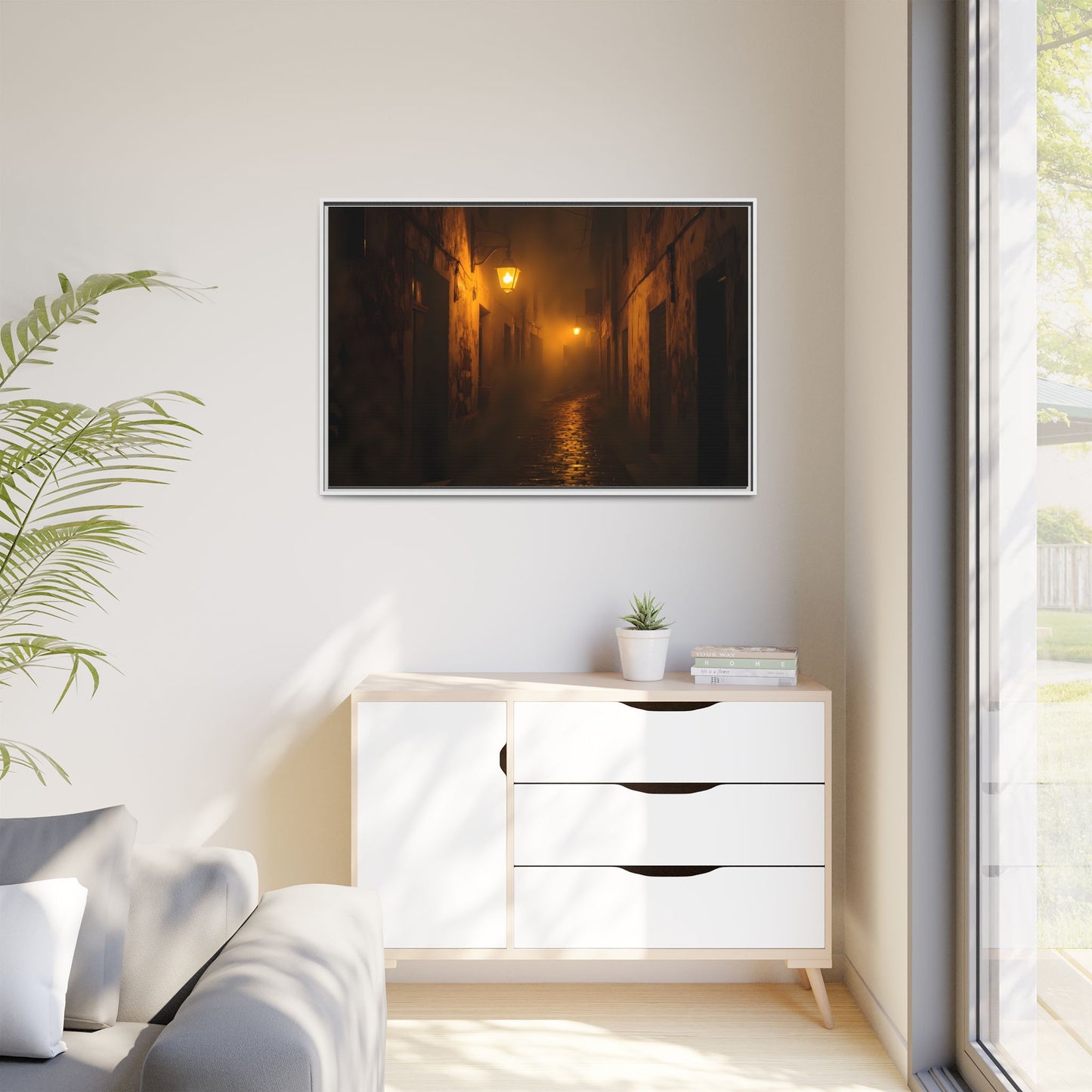 Framed Canvas Art, Foggy Street, Moody Wall Decor, Cozy Home Aesthetic, Gift for Art Lovers, Nighttime Atmosphere