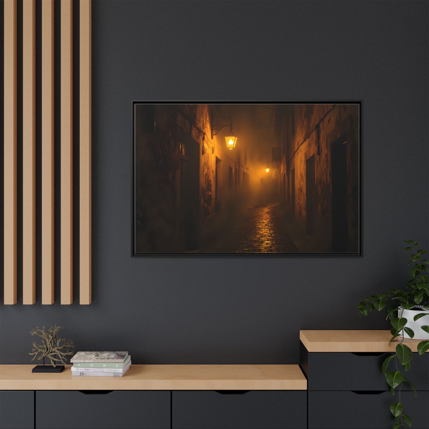 Framed Canvas Art, Foggy Street, Moody Wall Decor, Cozy Home Aesthetic, Gift for Art Lovers, Nighttime Atmosphere