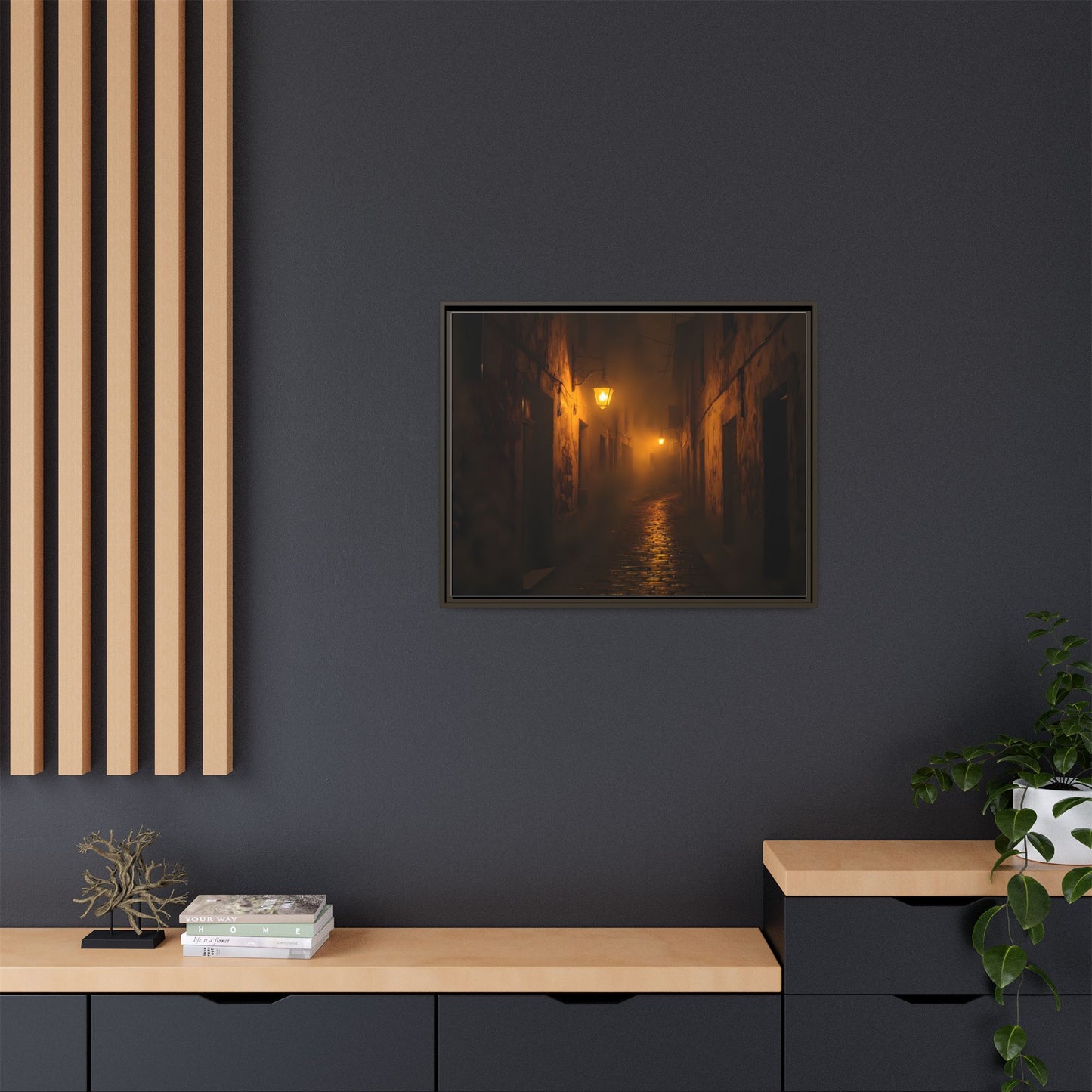Framed Canvas Art, Foggy Street, Moody Wall Decor, Cozy Home Aesthetic, Gift for Art Lovers, Nighttime Atmosphere