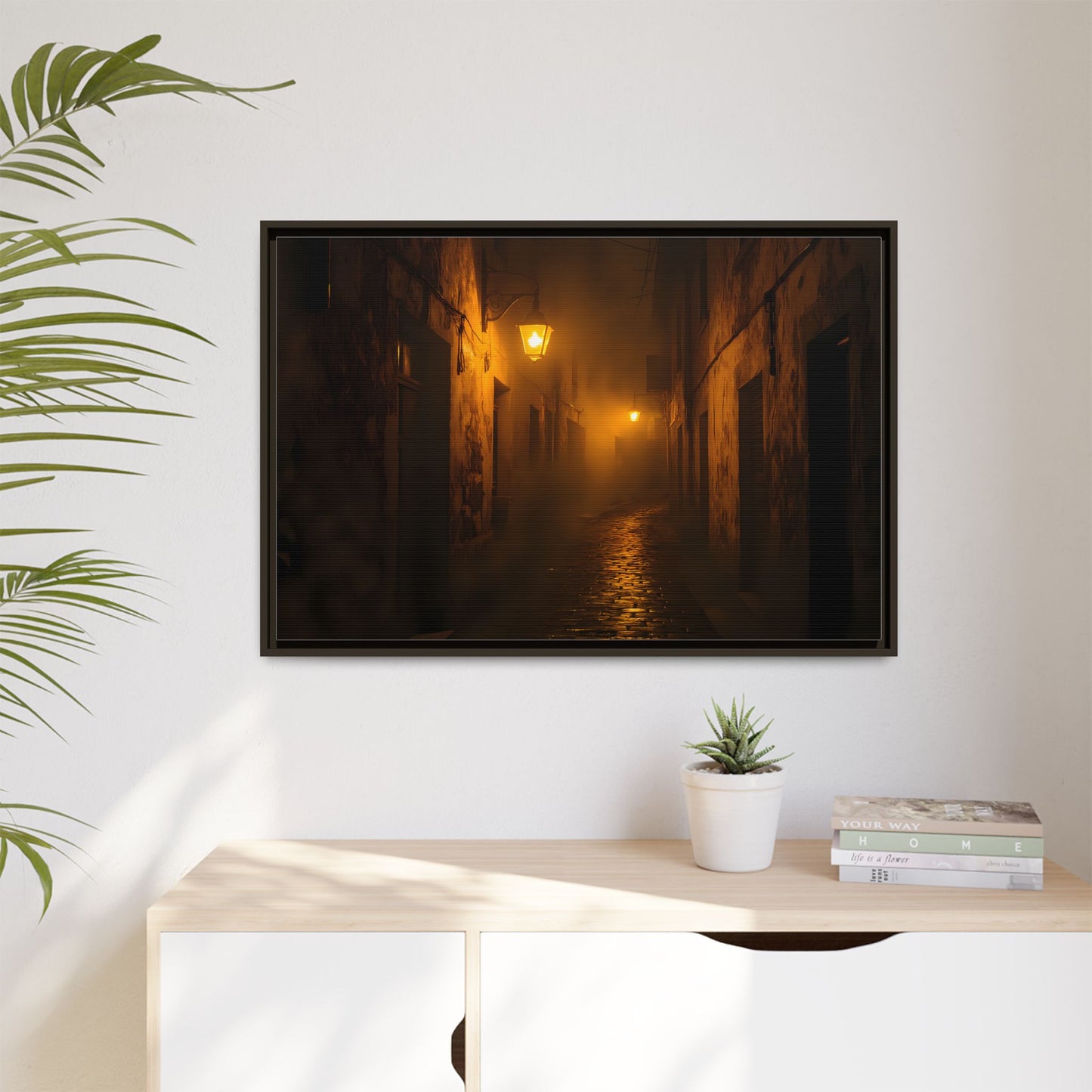 Framed Canvas Art, Foggy Street, Moody Wall Decor, Cozy Home Aesthetic, Gift for Art Lovers, Nighttime Atmosphere