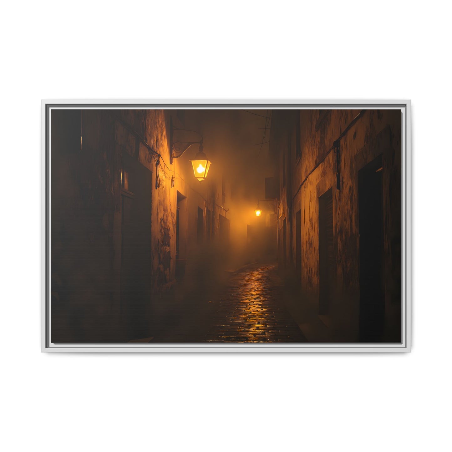 Framed Canvas Art, Foggy Street, Moody Wall Decor, Cozy Home Aesthetic, Gift for Art Lovers, Nighttime Atmosphere