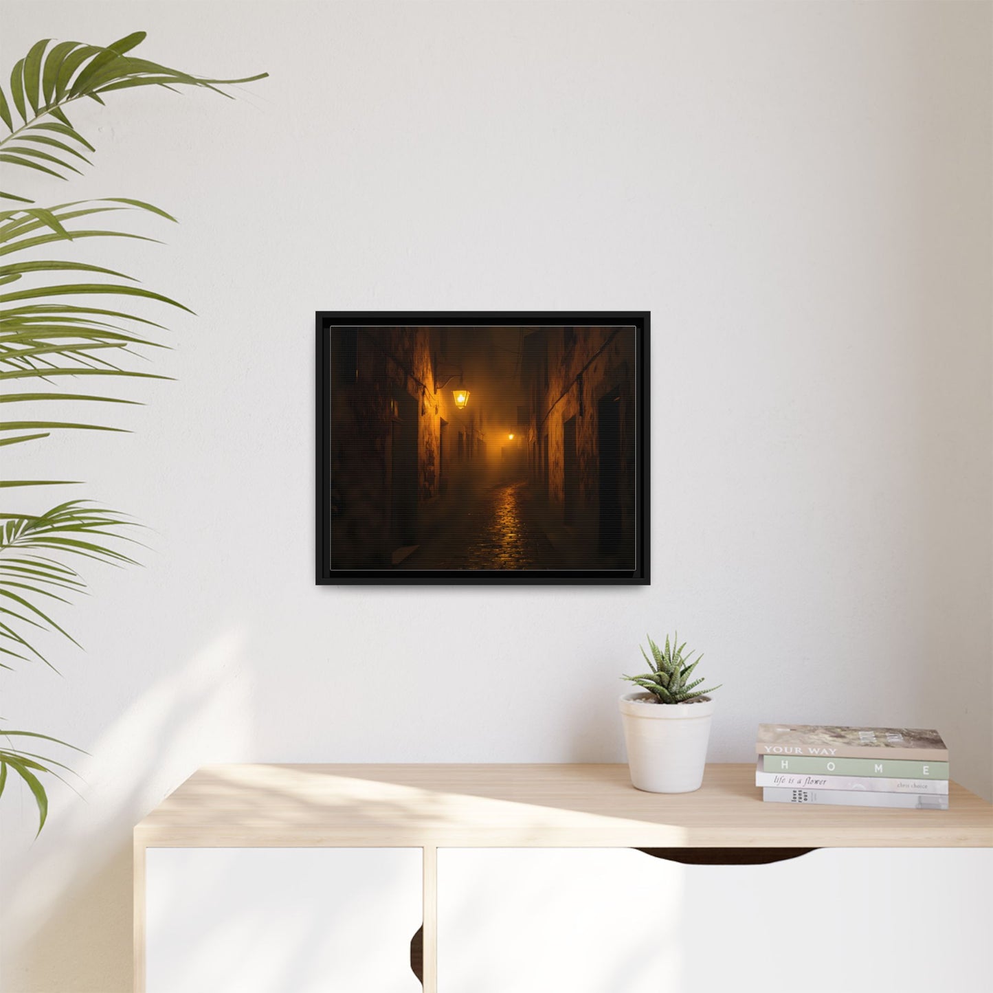 Framed Canvas Art, Foggy Street, Moody Wall Decor, Cozy Home Aesthetic, Gift for Art Lovers, Nighttime Atmosphere