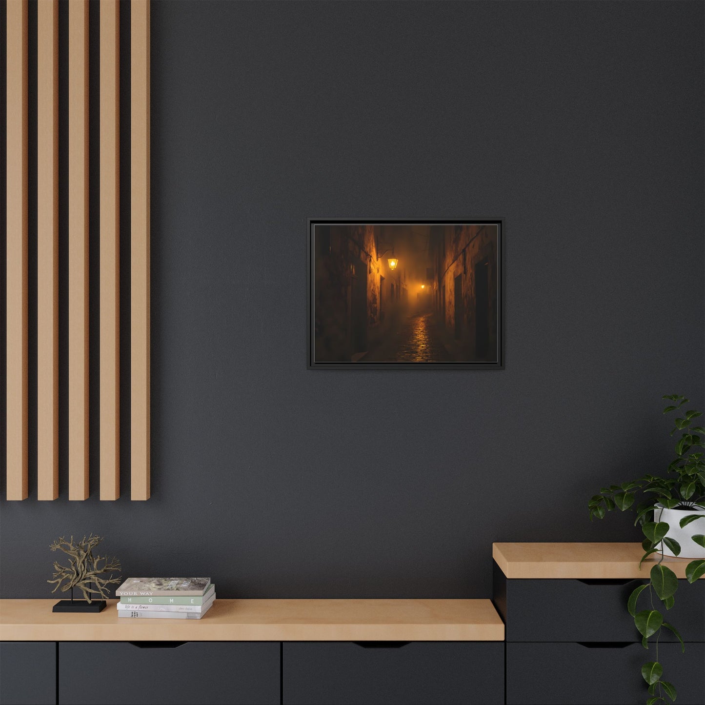 Framed Canvas Art, Foggy Street, Moody Wall Decor, Cozy Home Aesthetic, Gift for Art Lovers, Nighttime Atmosphere