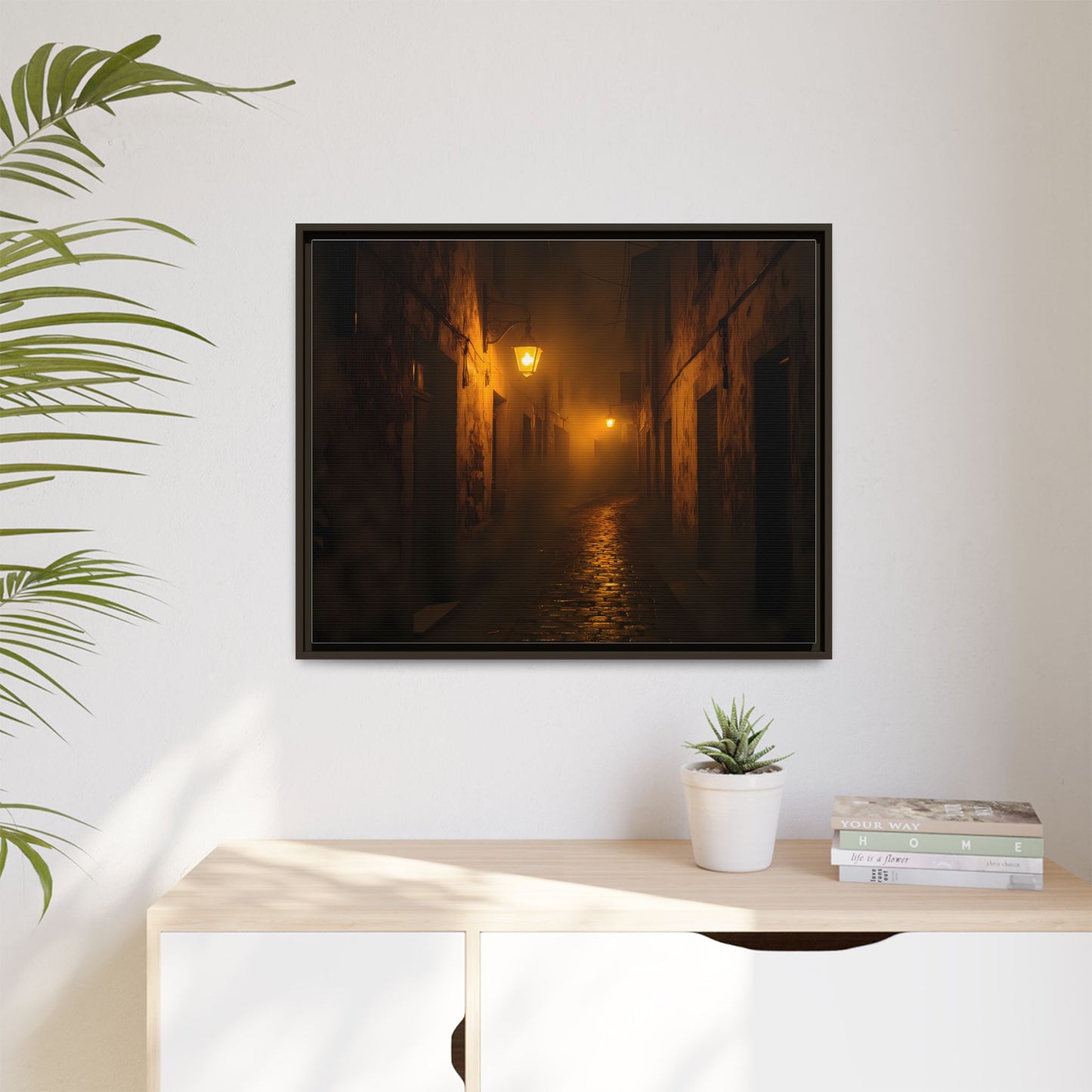 Framed Canvas Art, Foggy Street, Moody Wall Decor, Cozy Home Aesthetic, Gift for Art Lovers, Nighttime Atmosphere