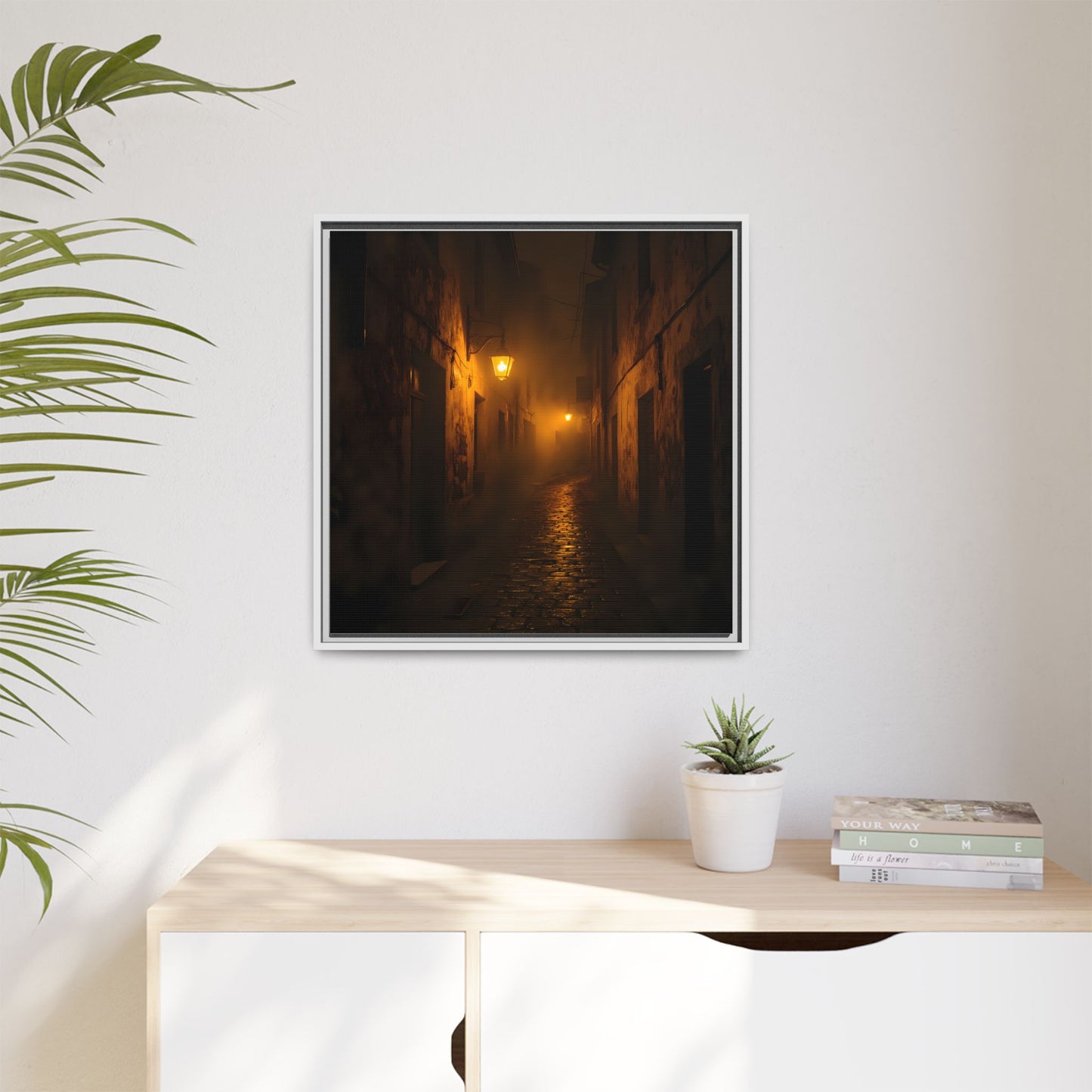 Framed Canvas Art, Foggy Street, Moody Wall Decor, Cozy Home Aesthetic, Gift for Art Lovers, Nighttime Atmosphere