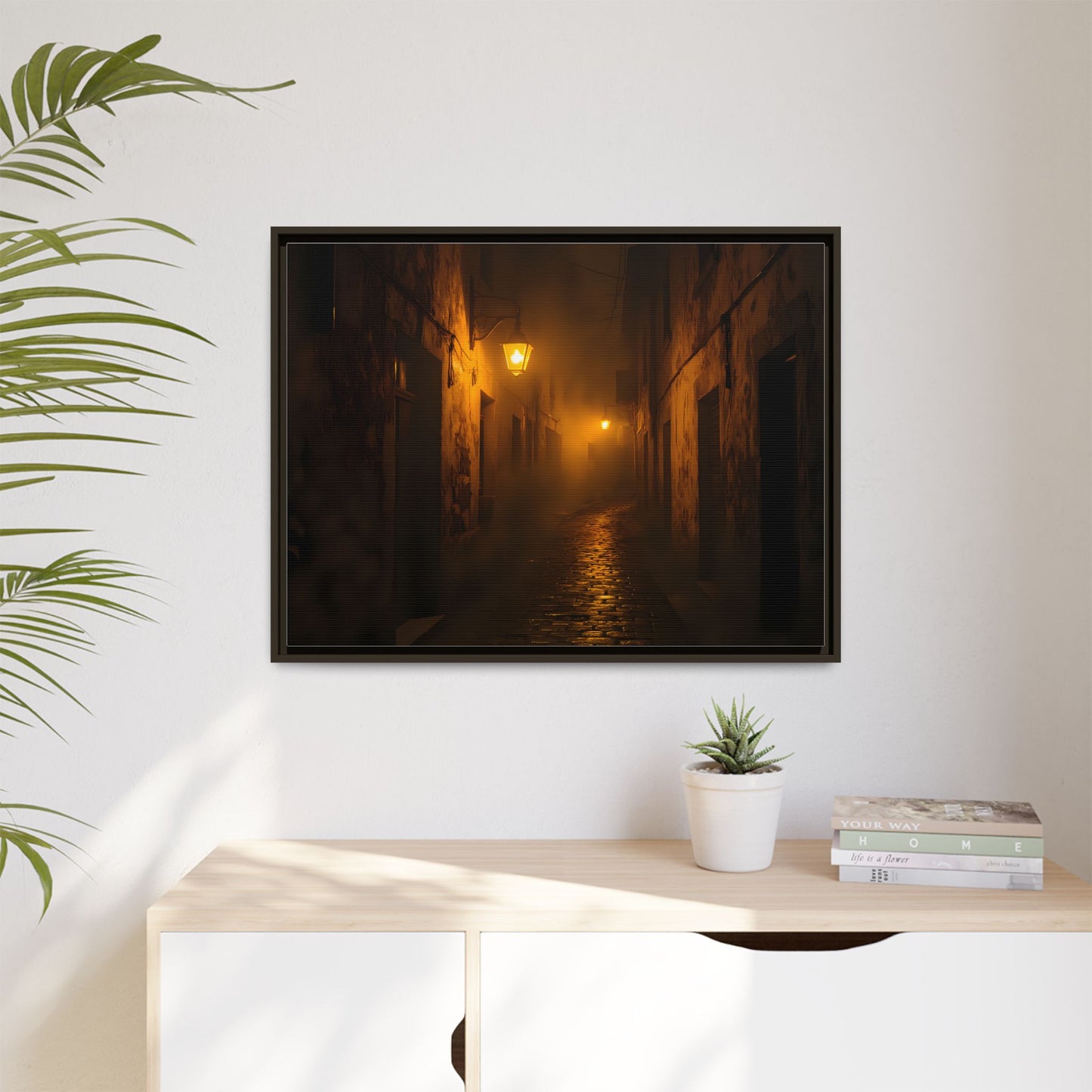 Framed Canvas Art, Foggy Street, Moody Wall Decor, Cozy Home Aesthetic, Gift for Art Lovers, Nighttime Atmosphere