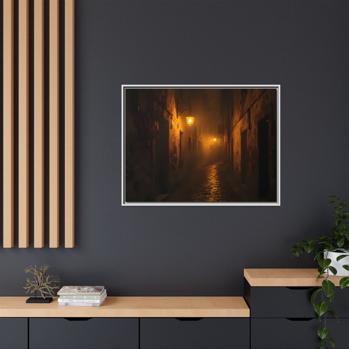 Framed Canvas Art, Foggy Street, Moody Wall Decor, Cozy Home Aesthetic, Gift for Art Lovers, Nighttime Atmosphere