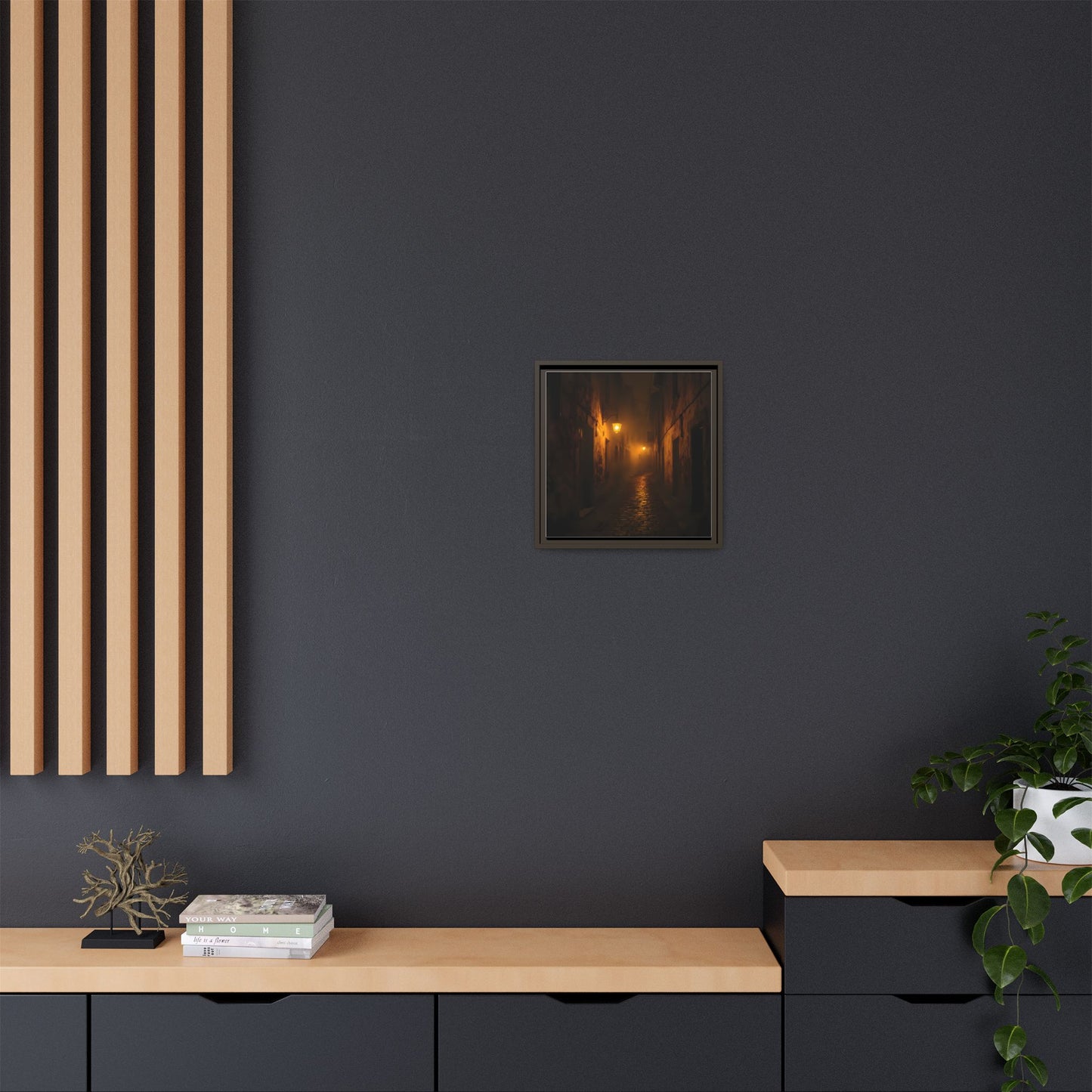 Framed Canvas Art, Foggy Street, Moody Wall Decor, Cozy Home Aesthetic, Gift for Art Lovers, Nighttime Atmosphere