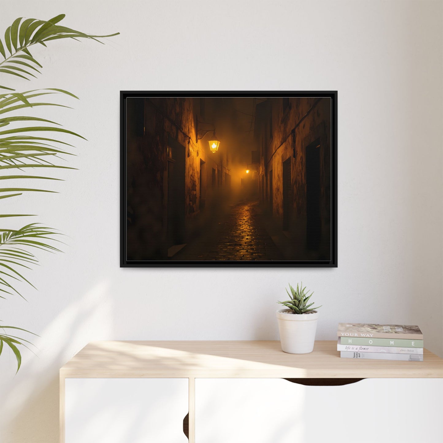 Framed Canvas Art, Foggy Street, Moody Wall Decor, Cozy Home Aesthetic, Gift for Art Lovers, Nighttime Atmosphere
