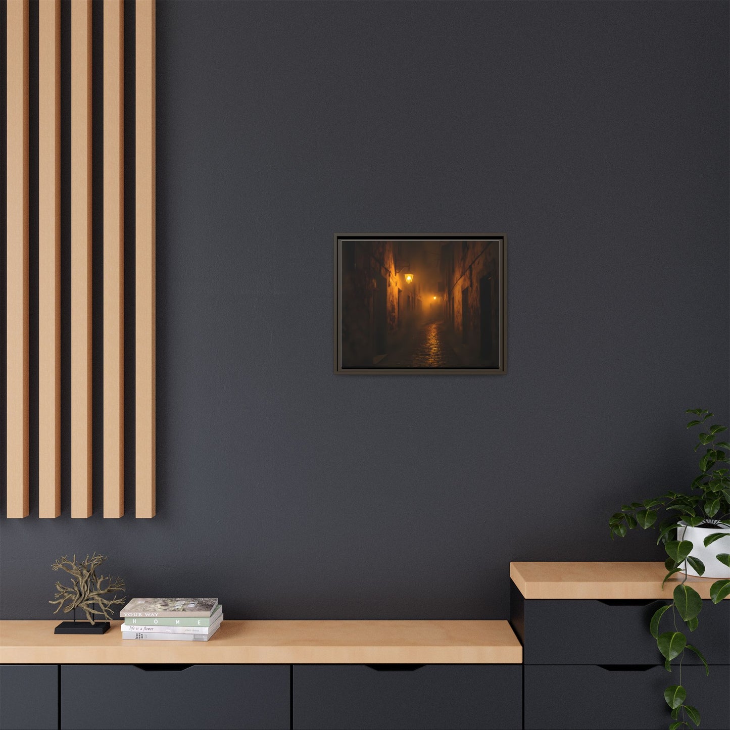Framed Canvas Art, Foggy Street, Moody Wall Decor, Cozy Home Aesthetic, Gift for Art Lovers, Nighttime Atmosphere
