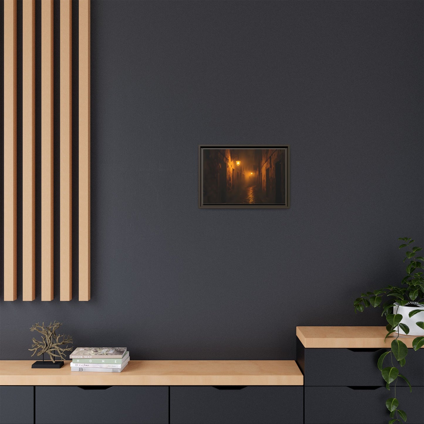 Framed Canvas Art, Foggy Street, Moody Wall Decor, Cozy Home Aesthetic, Gift for Art Lovers, Nighttime Atmosphere
