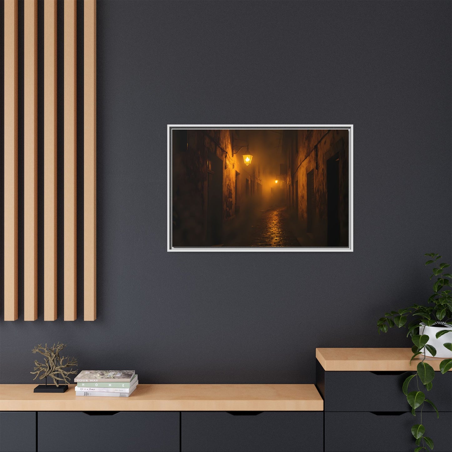 Framed Canvas Art, Foggy Street, Moody Wall Decor, Cozy Home Aesthetic, Gift for Art Lovers, Nighttime Atmosphere