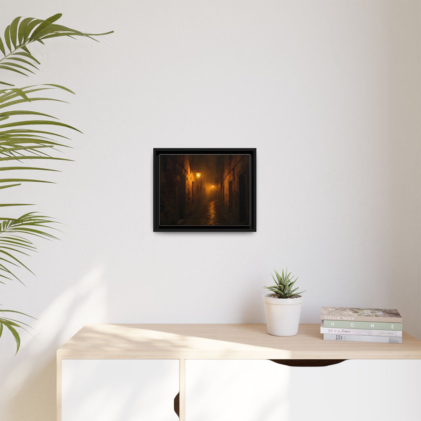 Framed Canvas Art, Foggy Street, Moody Wall Decor, Cozy Home Aesthetic, Gift for Art Lovers, Nighttime Atmosphere