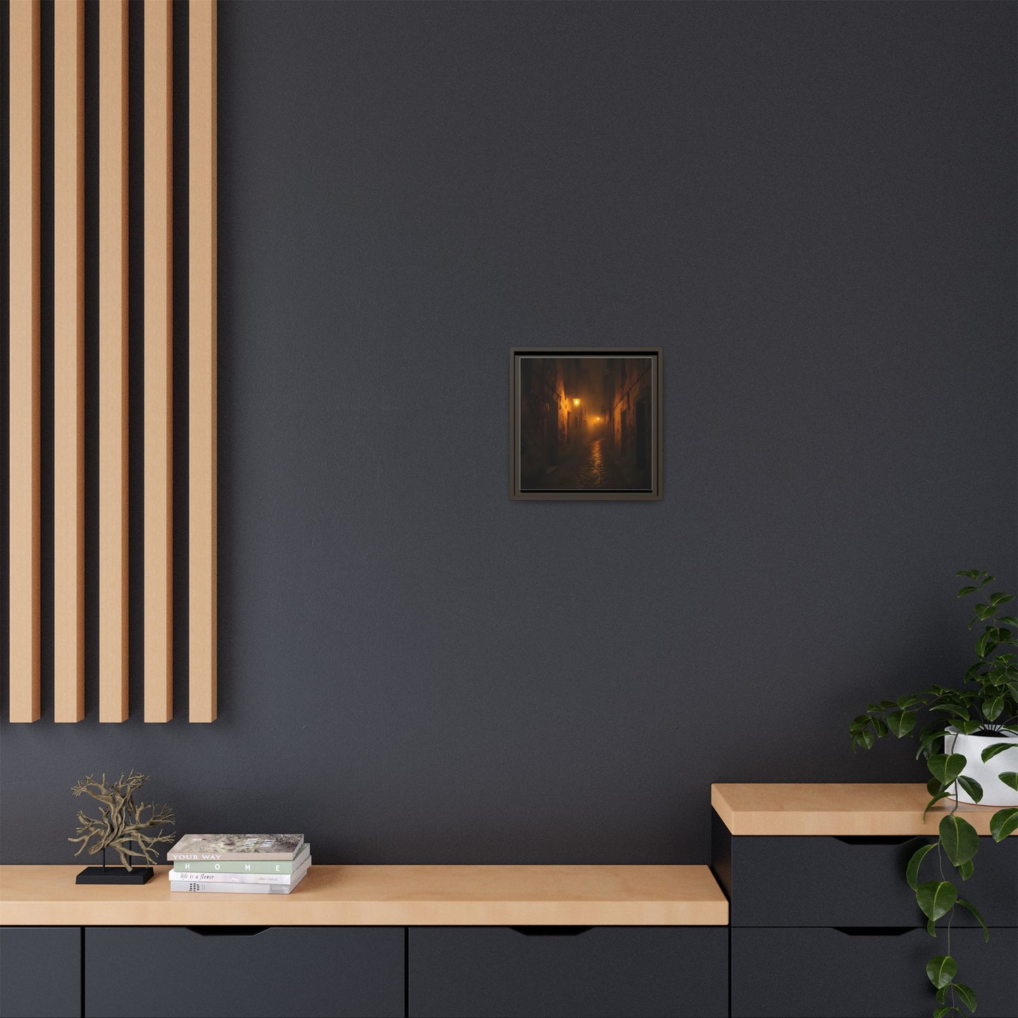 Framed Canvas Art, Foggy Street, Moody Wall Decor, Cozy Home Aesthetic, Gift for Art Lovers, Nighttime Atmosphere