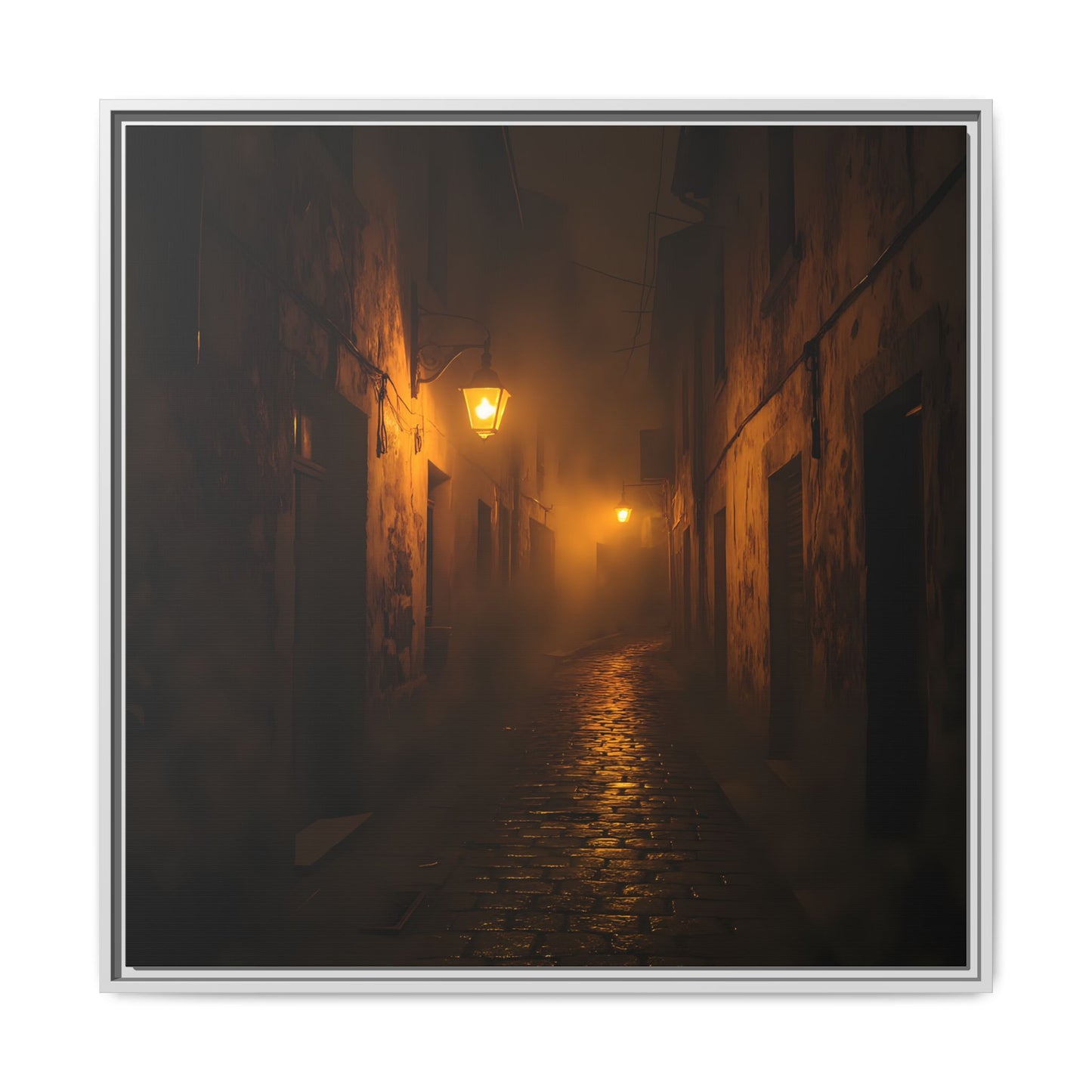Framed Canvas Art, Foggy Street, Moody Wall Decor, Cozy Home Aesthetic, Gift for Art Lovers, Nighttime Atmosphere
