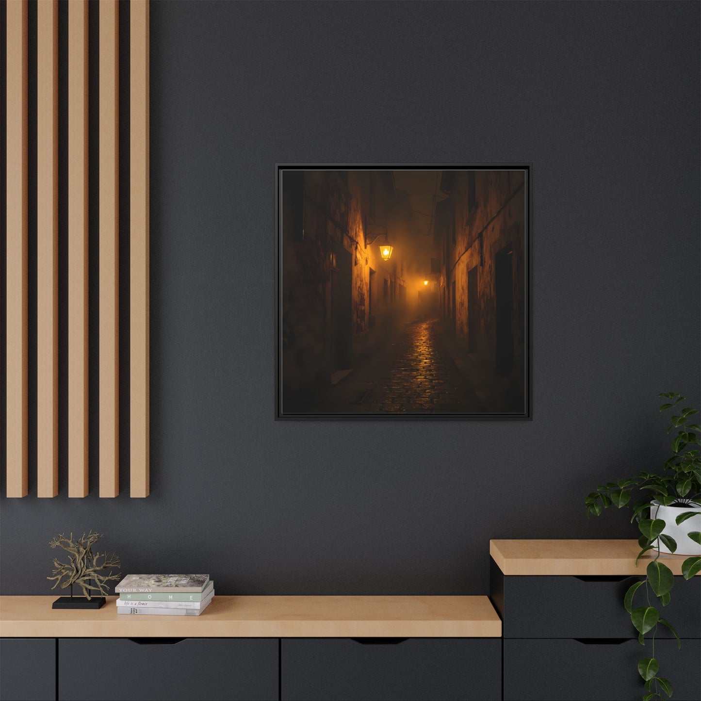 Framed Canvas Art, Foggy Street, Moody Wall Decor, Cozy Home Aesthetic, Gift for Art Lovers, Nighttime Atmosphere