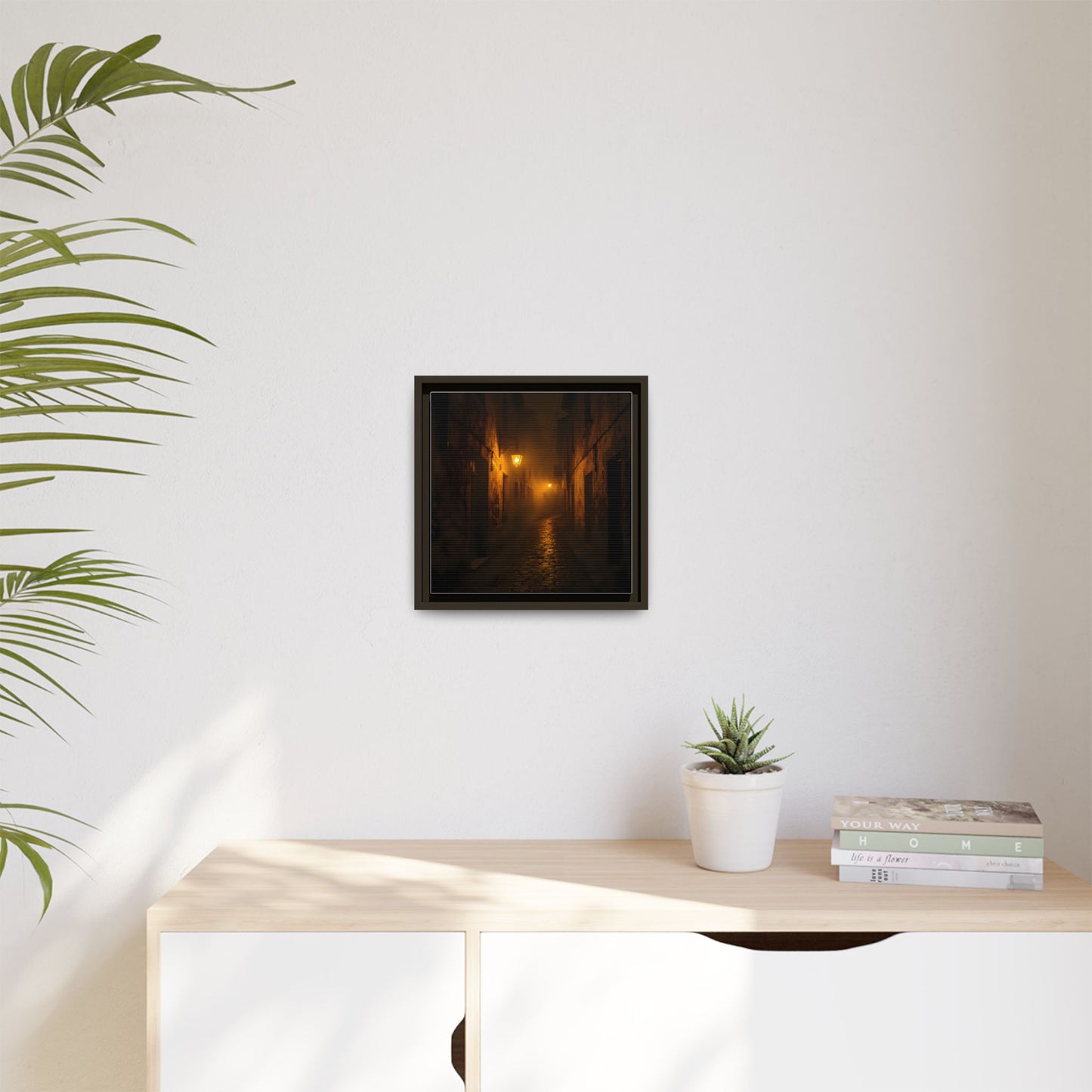 Framed Canvas Art, Foggy Street, Moody Wall Decor, Cozy Home Aesthetic, Gift for Art Lovers, Nighttime Atmosphere