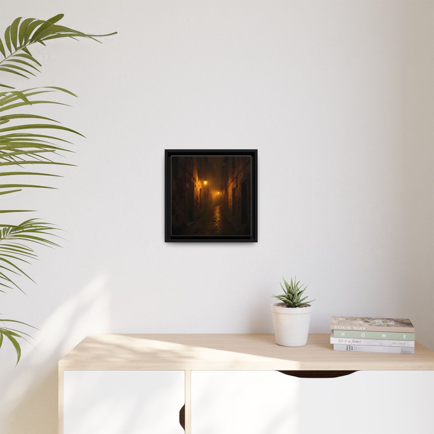 Framed Canvas Art, Foggy Street, Moody Wall Decor, Cozy Home Aesthetic, Gift for Art Lovers, Nighttime Atmosphere