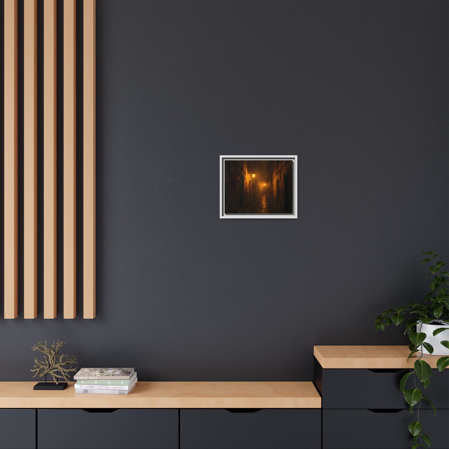 Framed Canvas Art, Foggy Street, Moody Wall Decor, Cozy Home Aesthetic, Gift for Art Lovers, Nighttime Atmosphere
