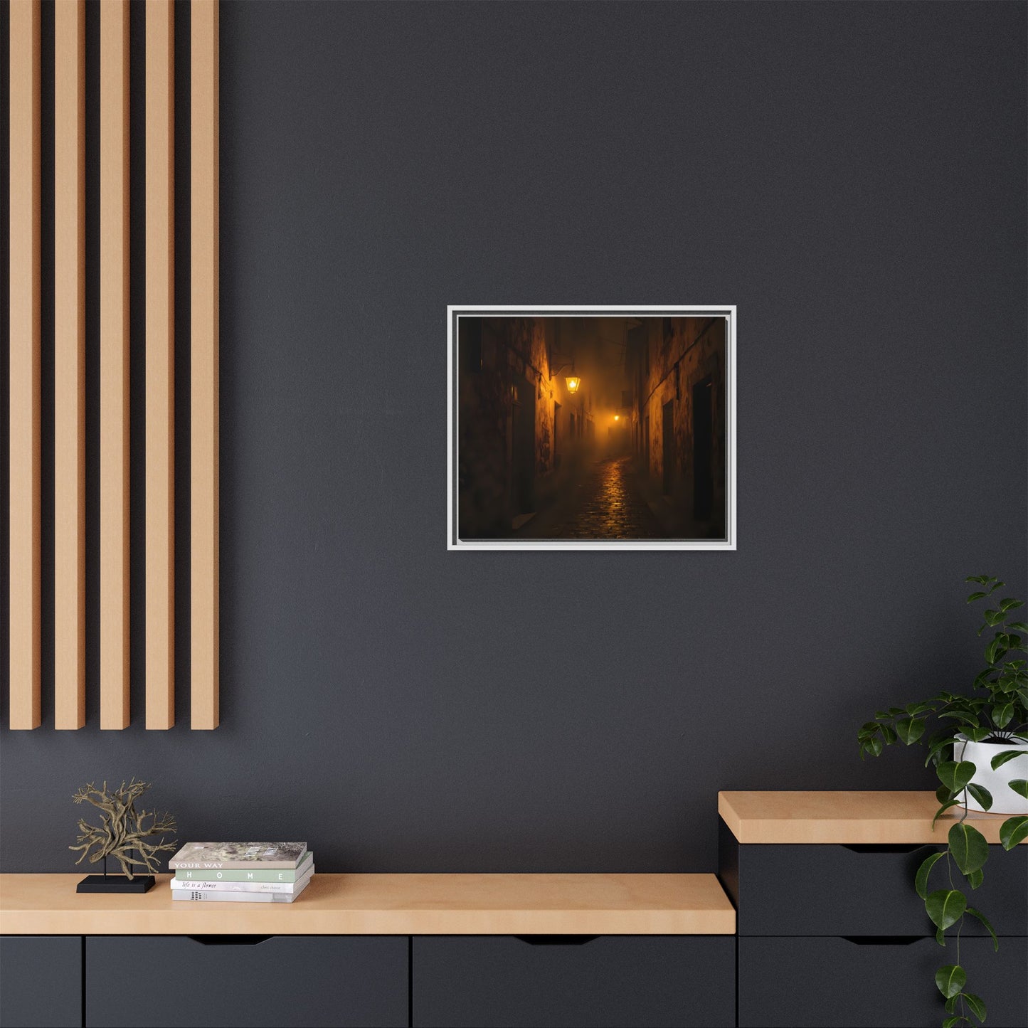 Framed Canvas Art, Foggy Street, Moody Wall Decor, Cozy Home Aesthetic, Gift for Art Lovers, Nighttime Atmosphere