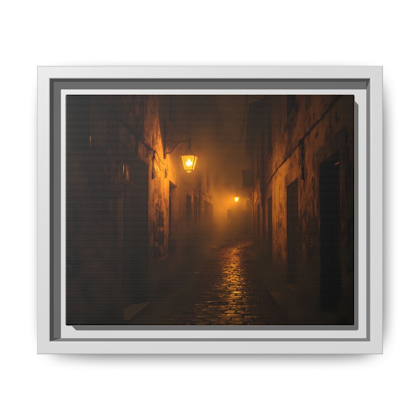 Framed Canvas Art, Foggy Street, Moody Wall Decor, Cozy Home Aesthetic, Gift for Art Lovers, Nighttime Atmosphere