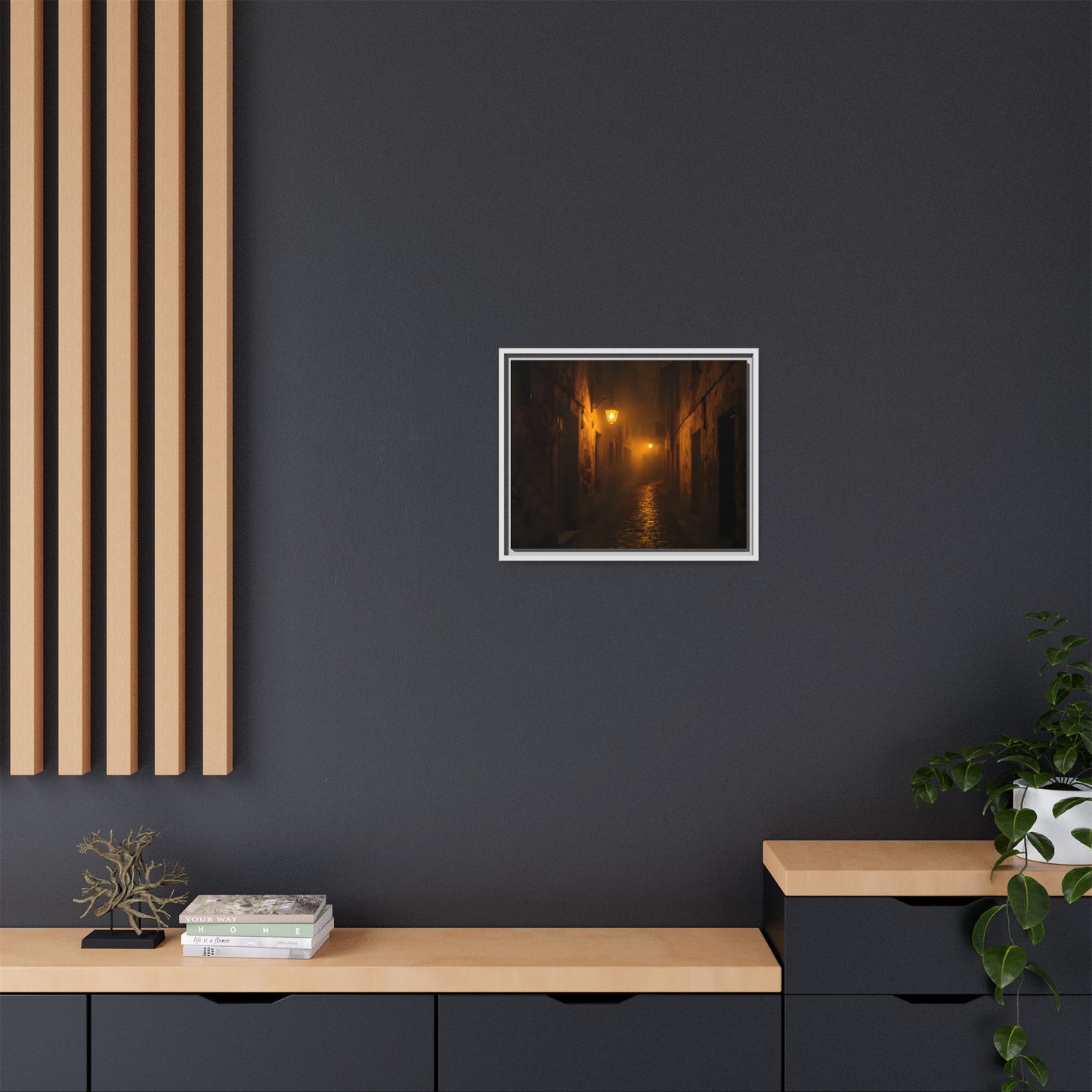Framed Canvas Art, Foggy Street, Moody Wall Decor, Cozy Home Aesthetic, Gift for Art Lovers, Nighttime Atmosphere