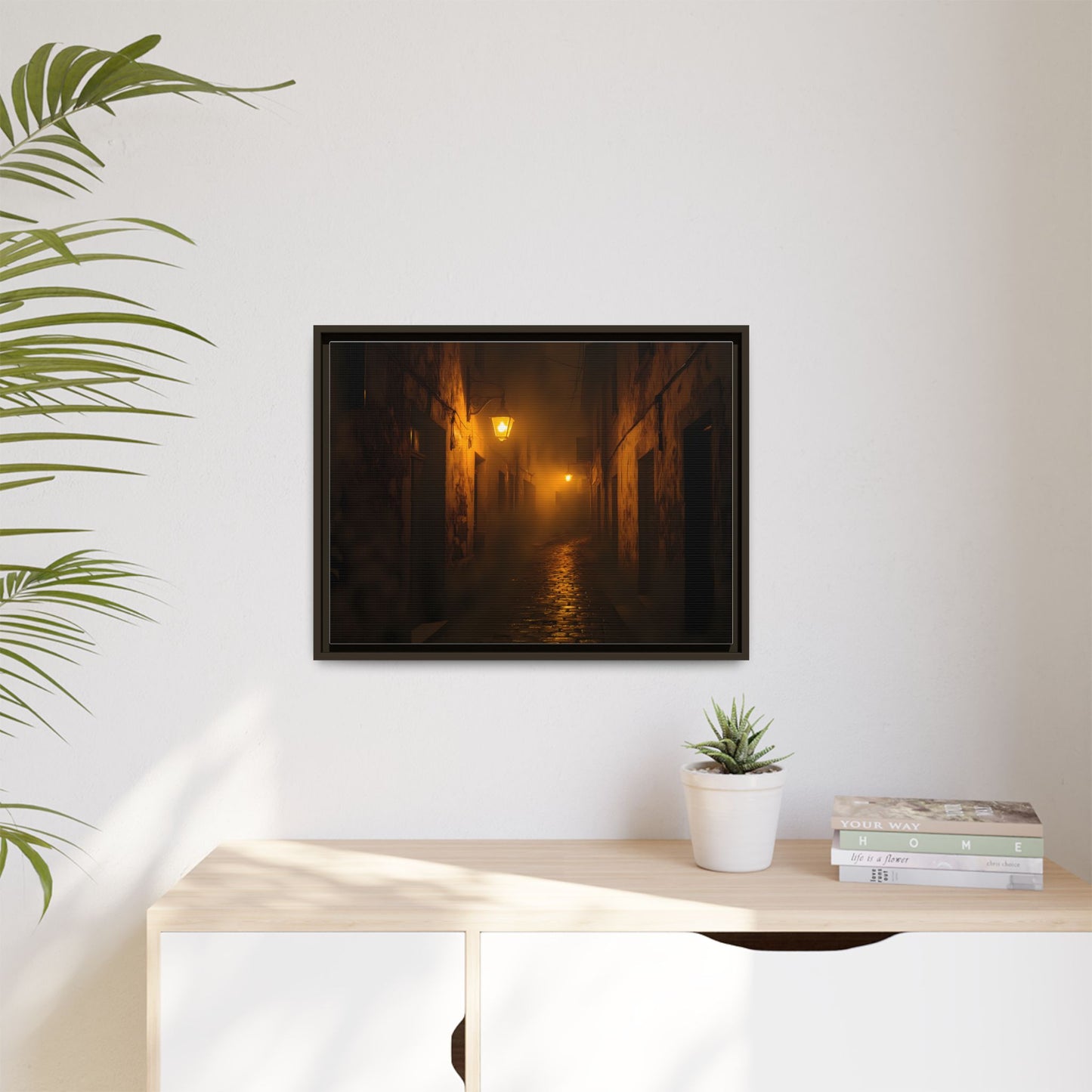 Framed Canvas Art, Foggy Street, Moody Wall Decor, Cozy Home Aesthetic, Gift for Art Lovers, Nighttime Atmosphere