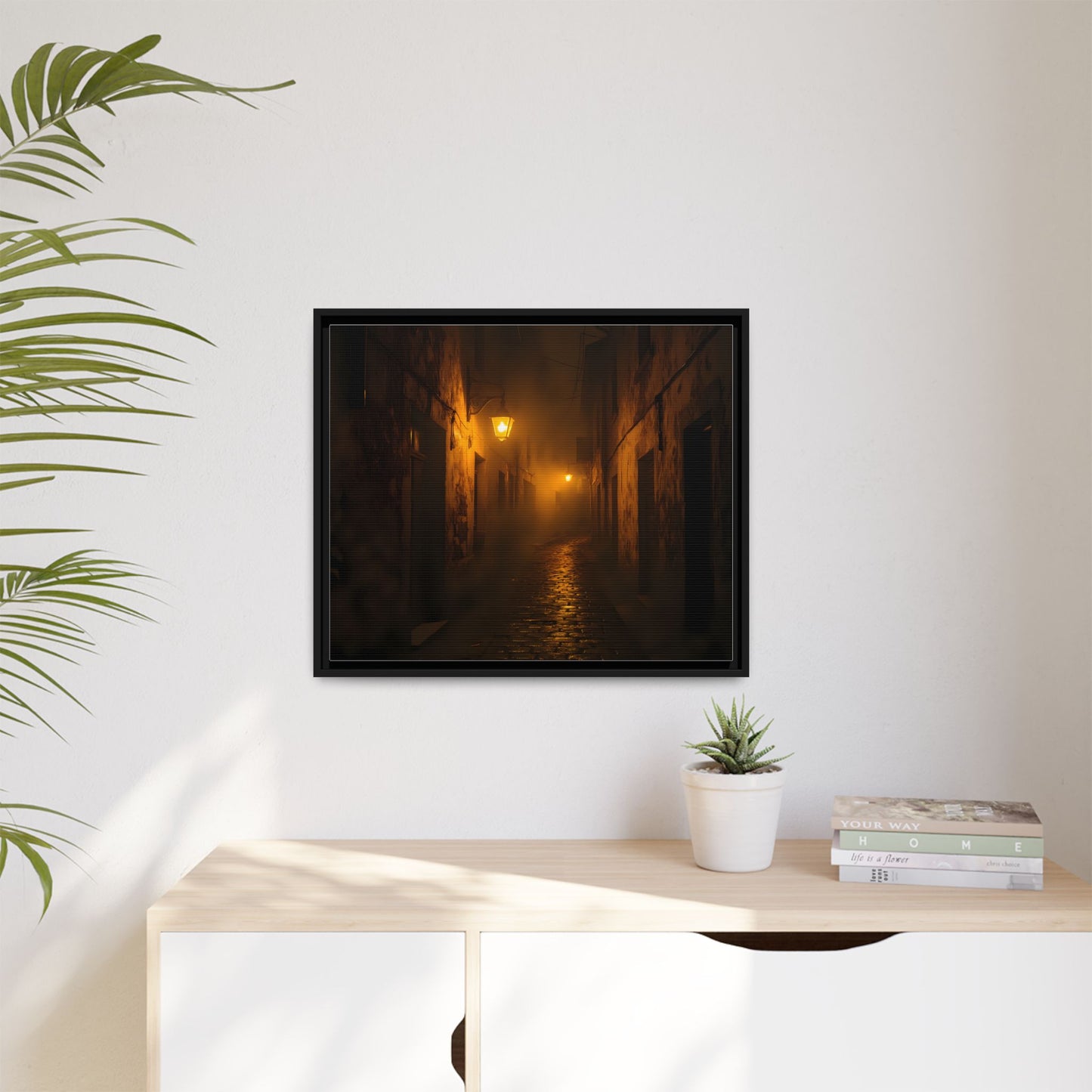 Framed Canvas Art, Foggy Street, Moody Wall Decor, Cozy Home Aesthetic, Gift for Art Lovers, Nighttime Atmosphere