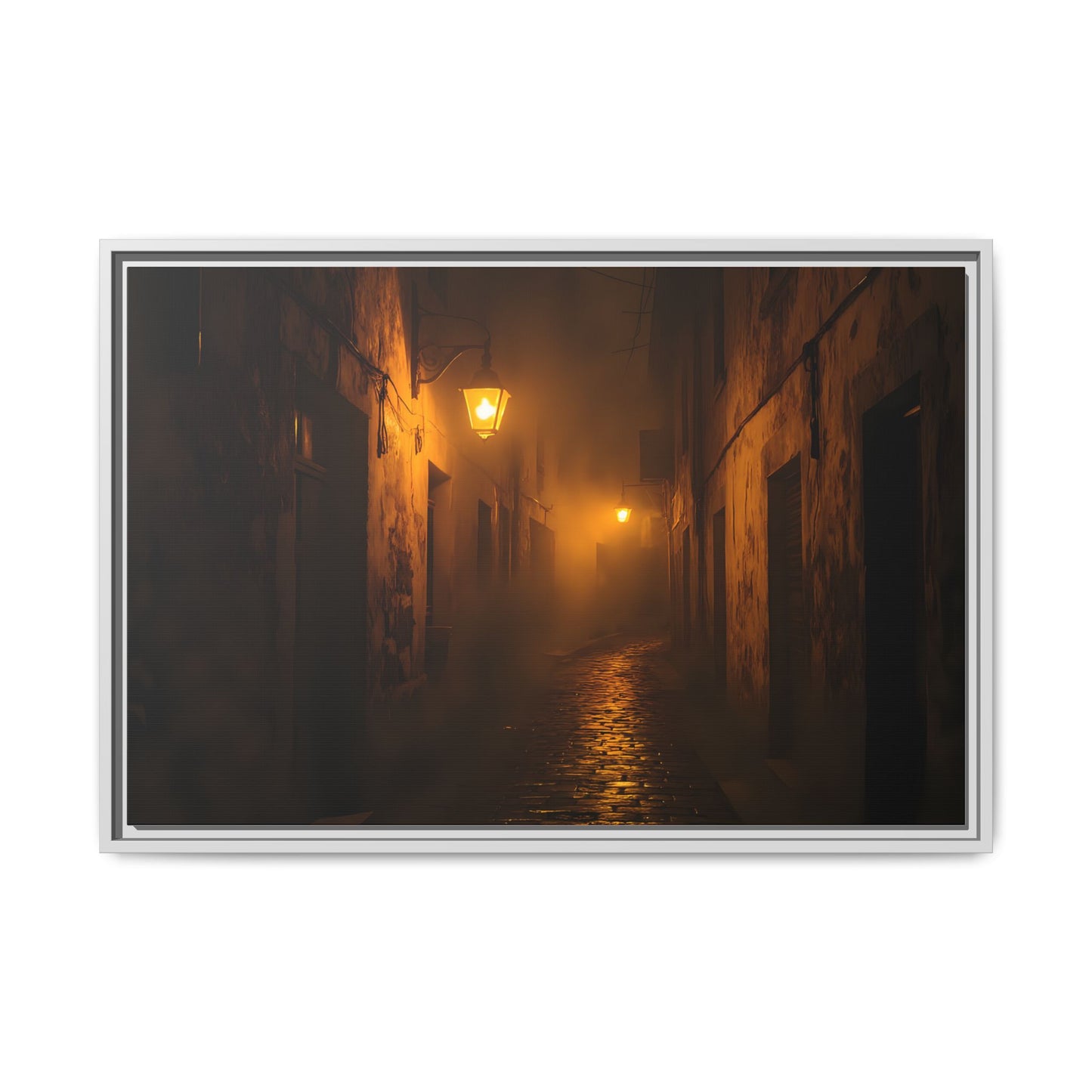 Framed Canvas Art, Foggy Street, Moody Wall Decor, Cozy Home Aesthetic, Gift for Art Lovers, Nighttime Atmosphere