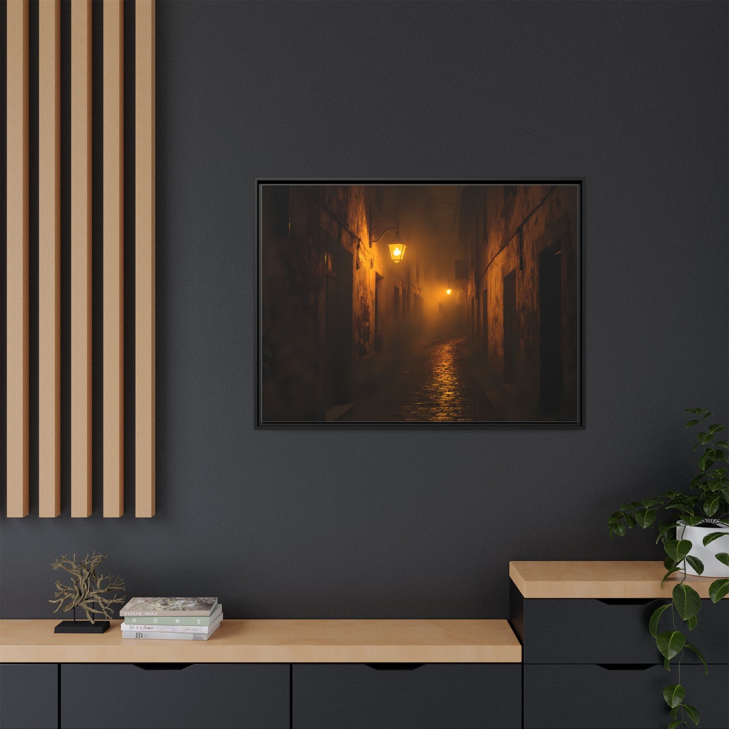 Framed Canvas Art, Foggy Street, Moody Wall Decor, Cozy Home Aesthetic, Gift for Art Lovers, Nighttime Atmosphere