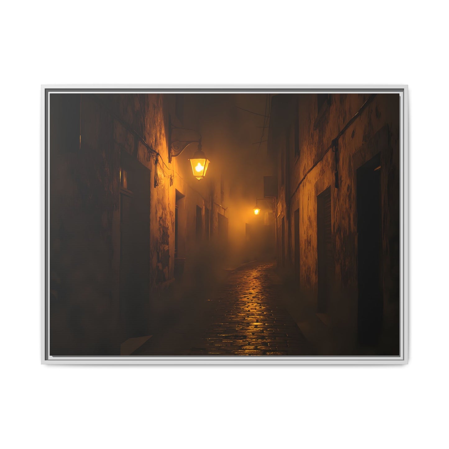 Framed Canvas Art, Foggy Street, Moody Wall Decor, Cozy Home Aesthetic, Gift for Art Lovers, Nighttime Atmosphere