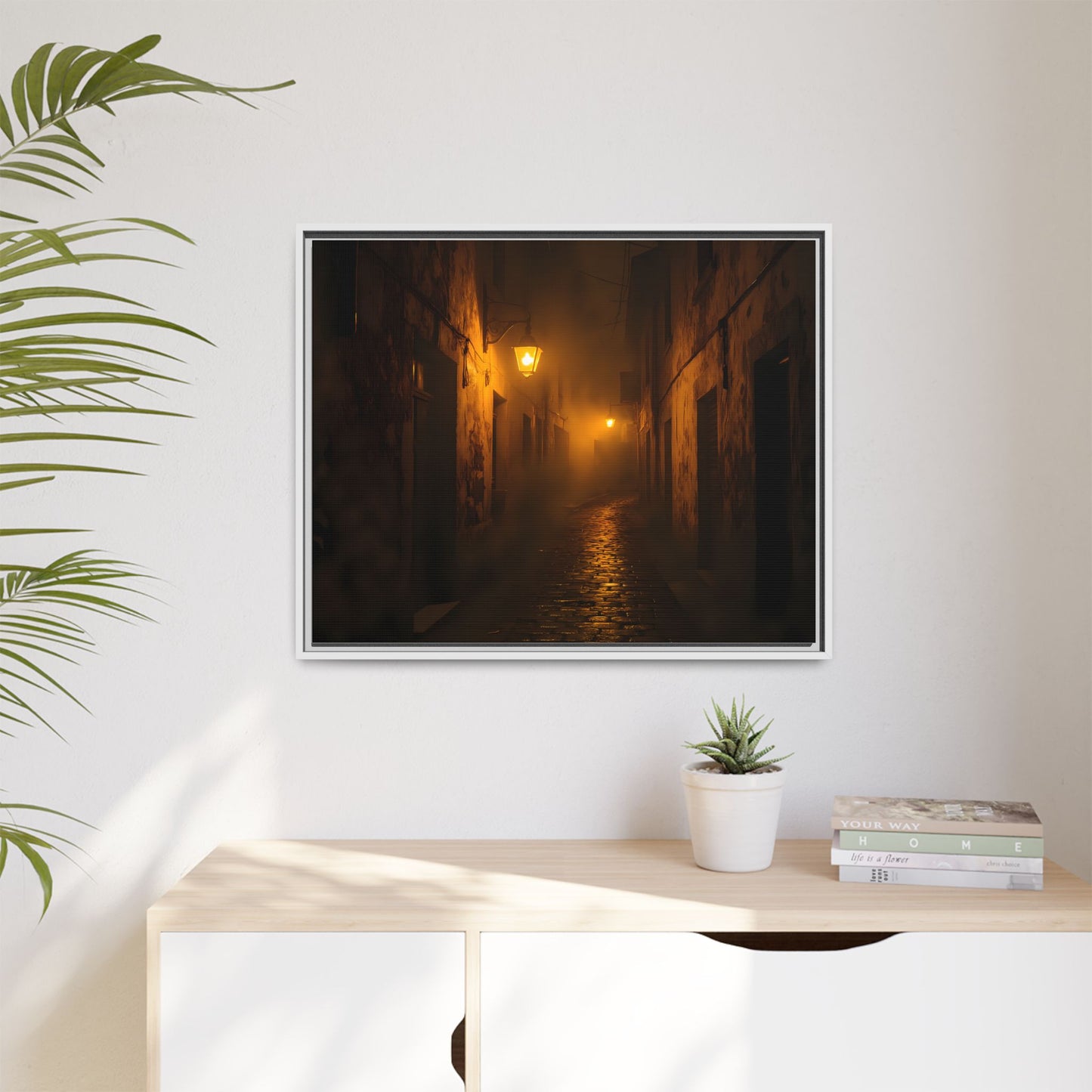 Framed Canvas Art, Foggy Street, Moody Wall Decor, Cozy Home Aesthetic, Gift for Art Lovers, Nighttime Atmosphere