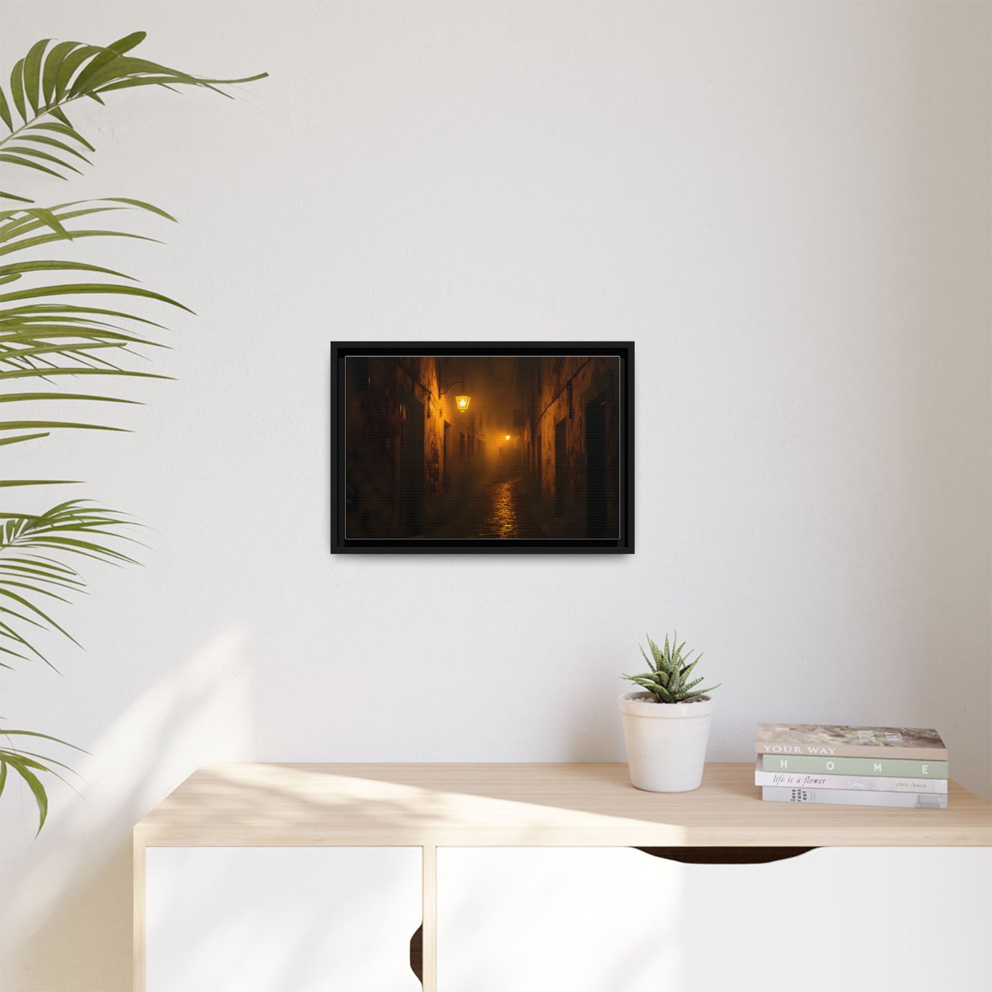 Framed Canvas Art, Foggy Street, Moody Wall Decor, Cozy Home Aesthetic, Gift for Art Lovers, Nighttime Atmosphere