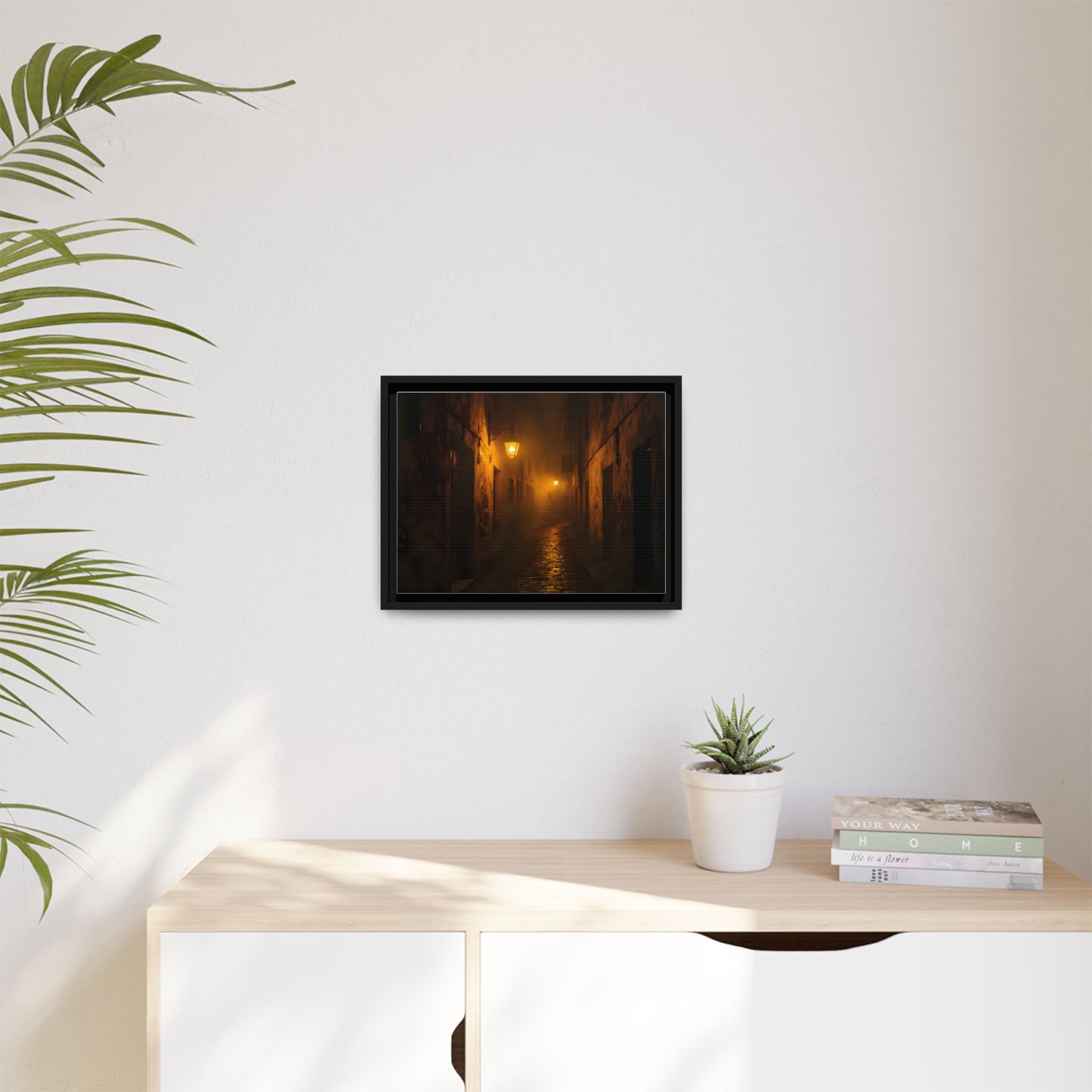 Framed Canvas Art, Foggy Street, Moody Wall Decor, Cozy Home Aesthetic, Gift for Art Lovers, Nighttime Atmosphere