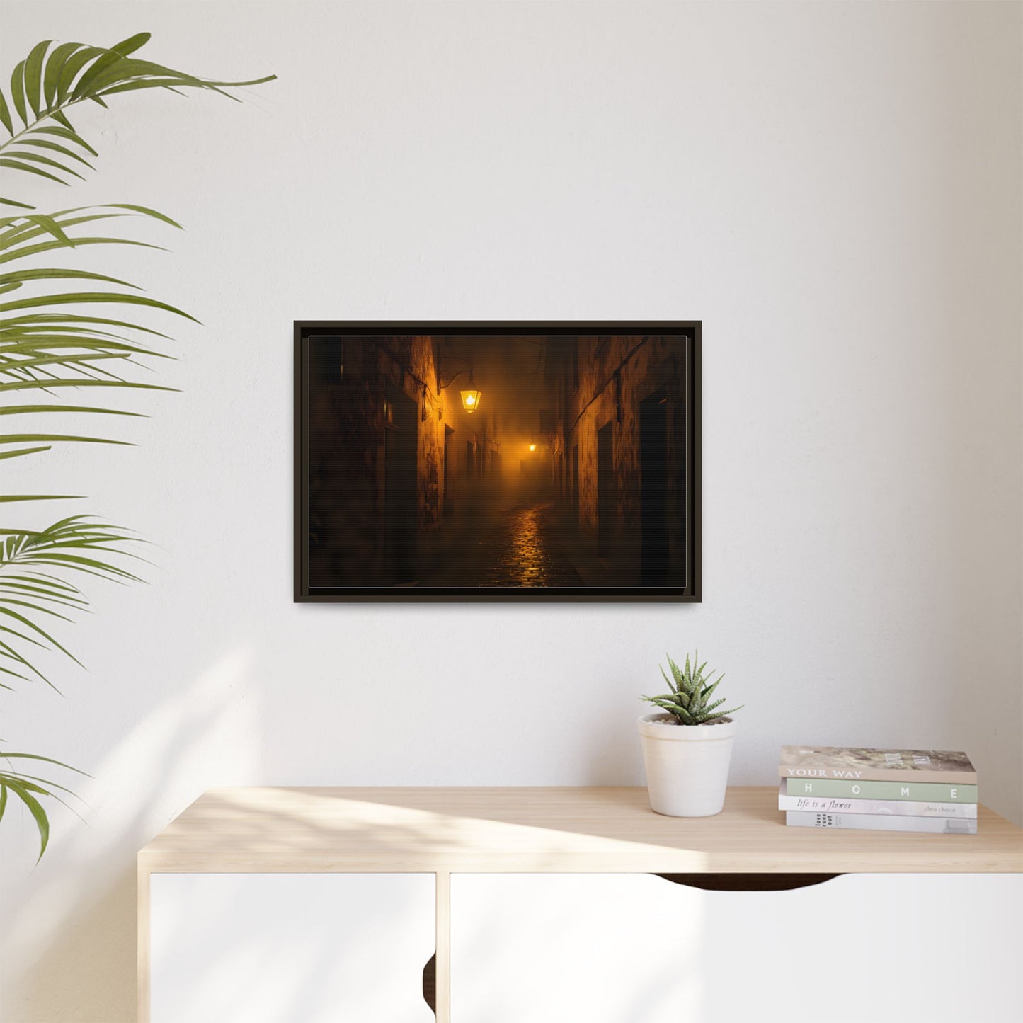 Framed Canvas Art, Foggy Street, Moody Wall Decor, Cozy Home Aesthetic, Gift for Art Lovers, Nighttime Atmosphere