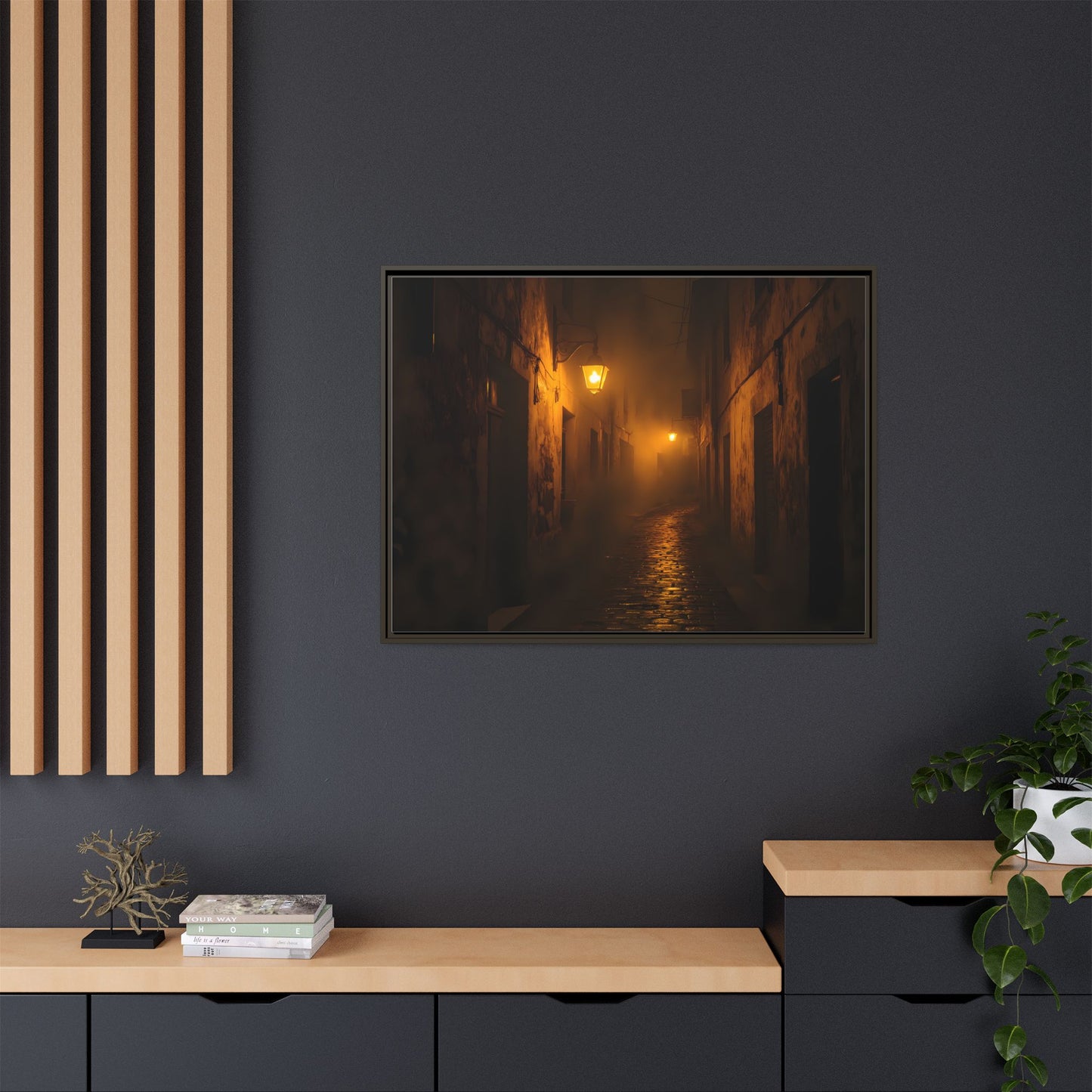 Framed Canvas Art, Foggy Street, Moody Wall Decor, Cozy Home Aesthetic, Gift for Art Lovers, Nighttime Atmosphere