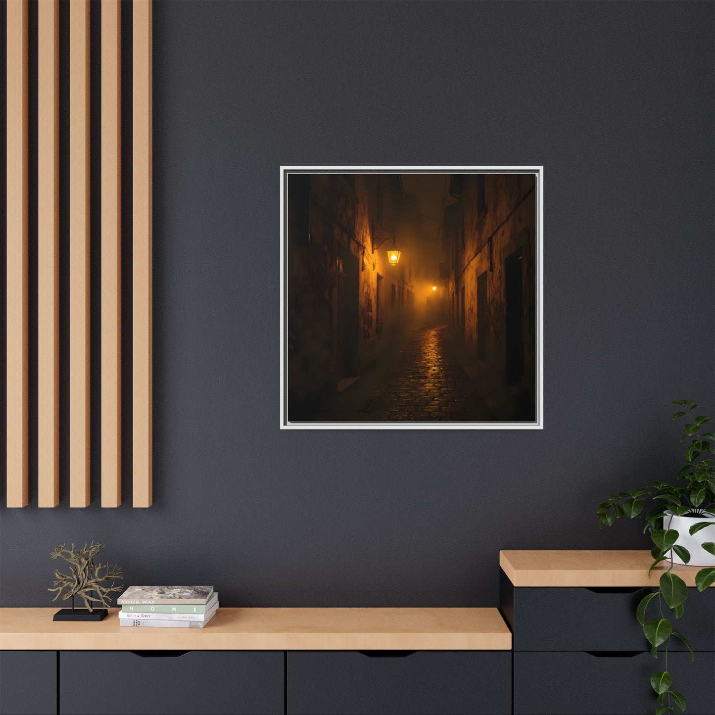 Framed Canvas Art, Foggy Street, Moody Wall Decor, Cozy Home Aesthetic, Gift for Art Lovers, Nighttime Atmosphere