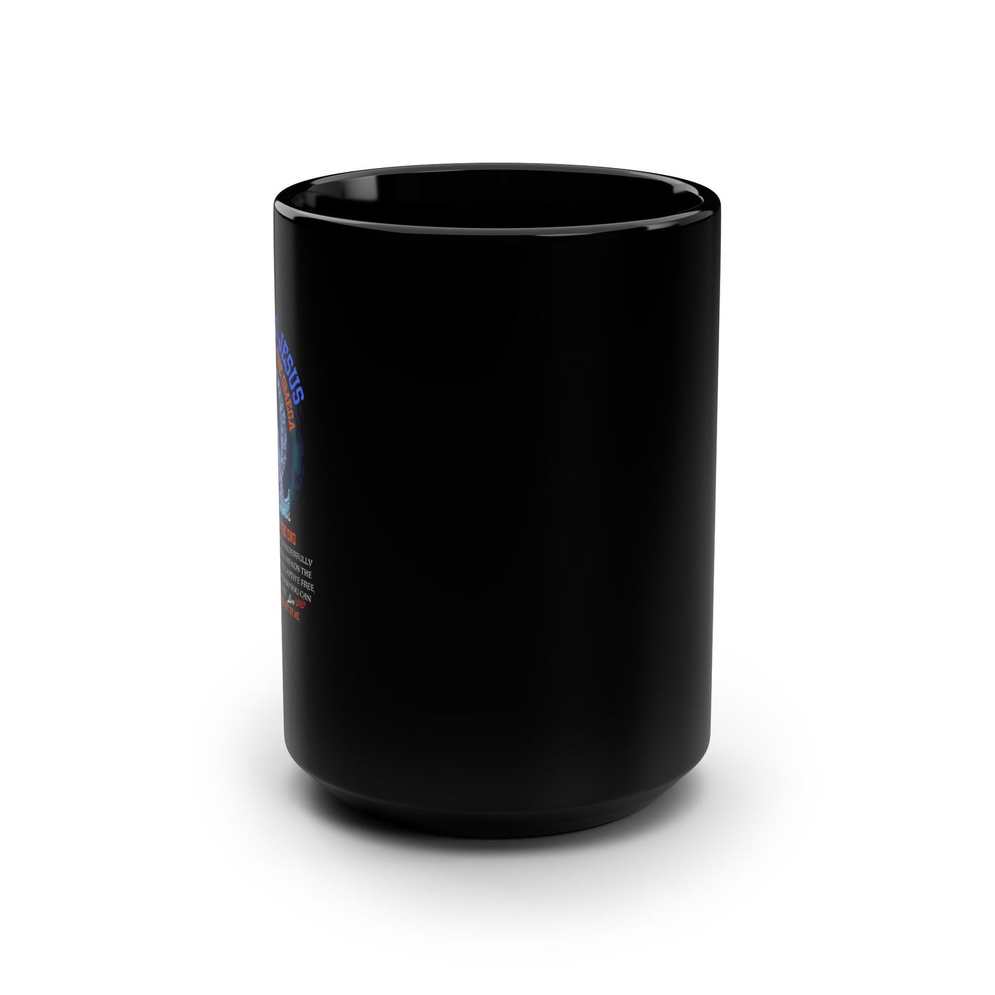 The Alpha Omega 15oz Black Mug is perfect for coffee lovers