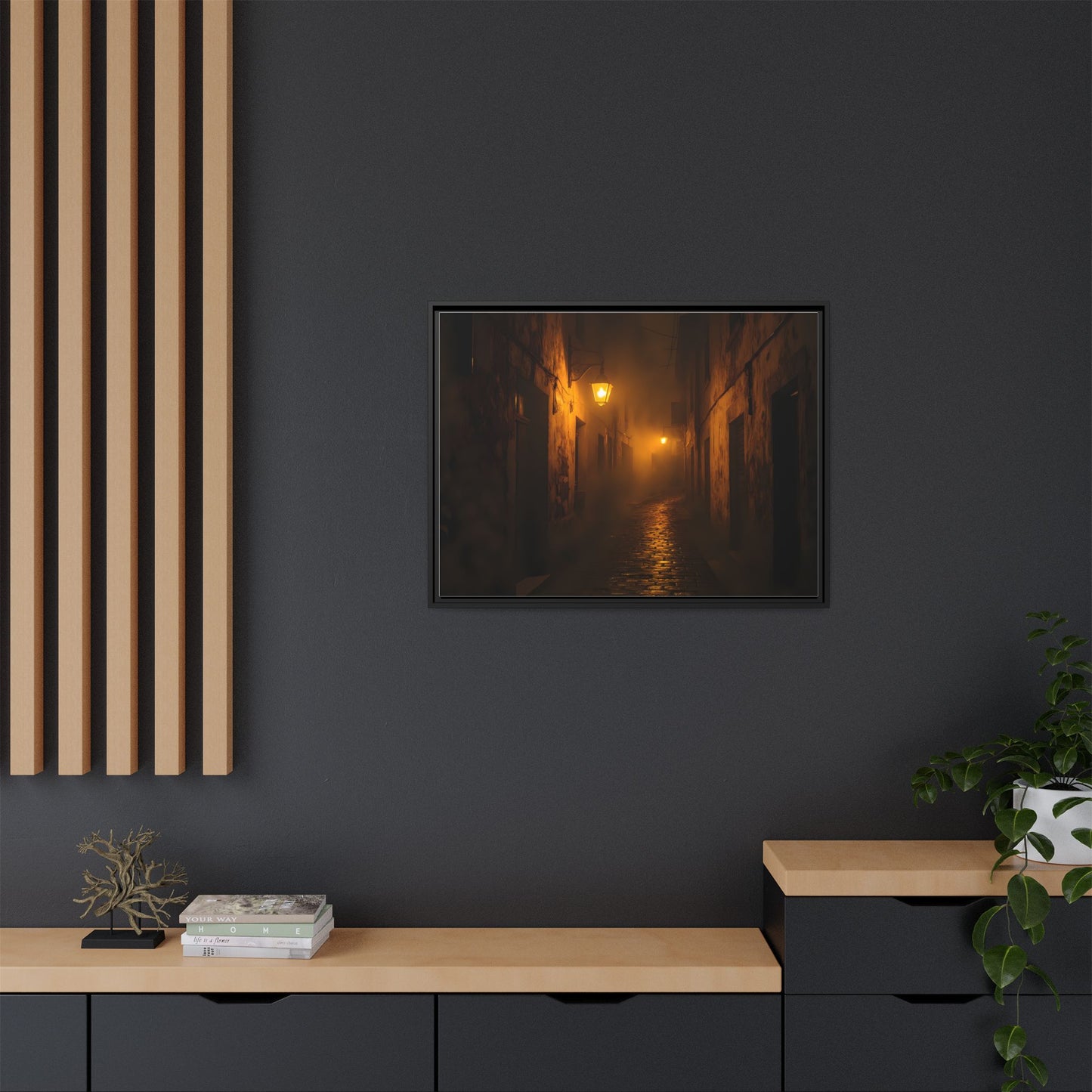 Framed Canvas Art, Foggy Street, Moody Wall Decor, Cozy Home Aesthetic, Gift for Art Lovers, Nighttime Atmosphere