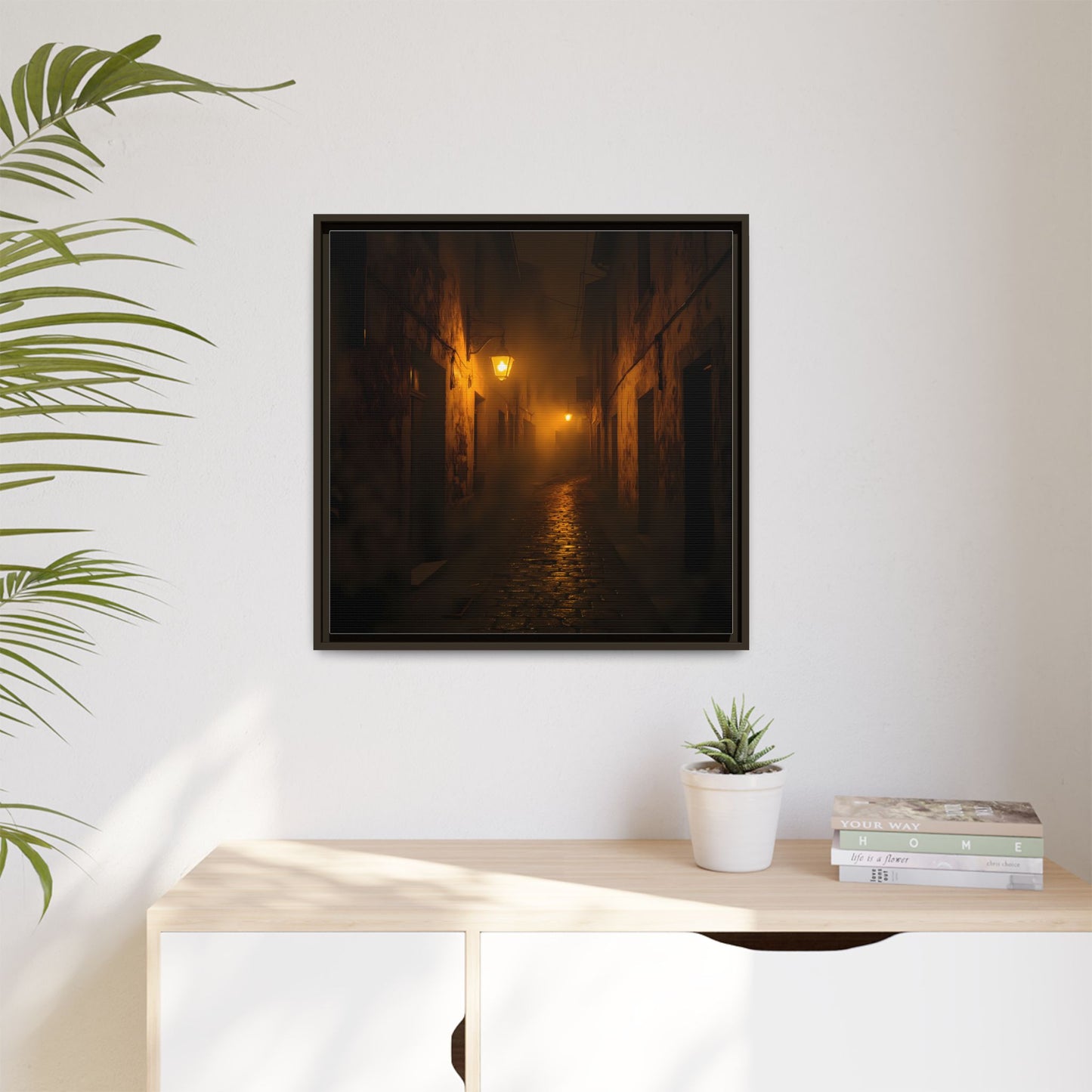 Framed Canvas Art, Foggy Street, Moody Wall Decor, Cozy Home Aesthetic, Gift for Art Lovers, Nighttime Atmosphere