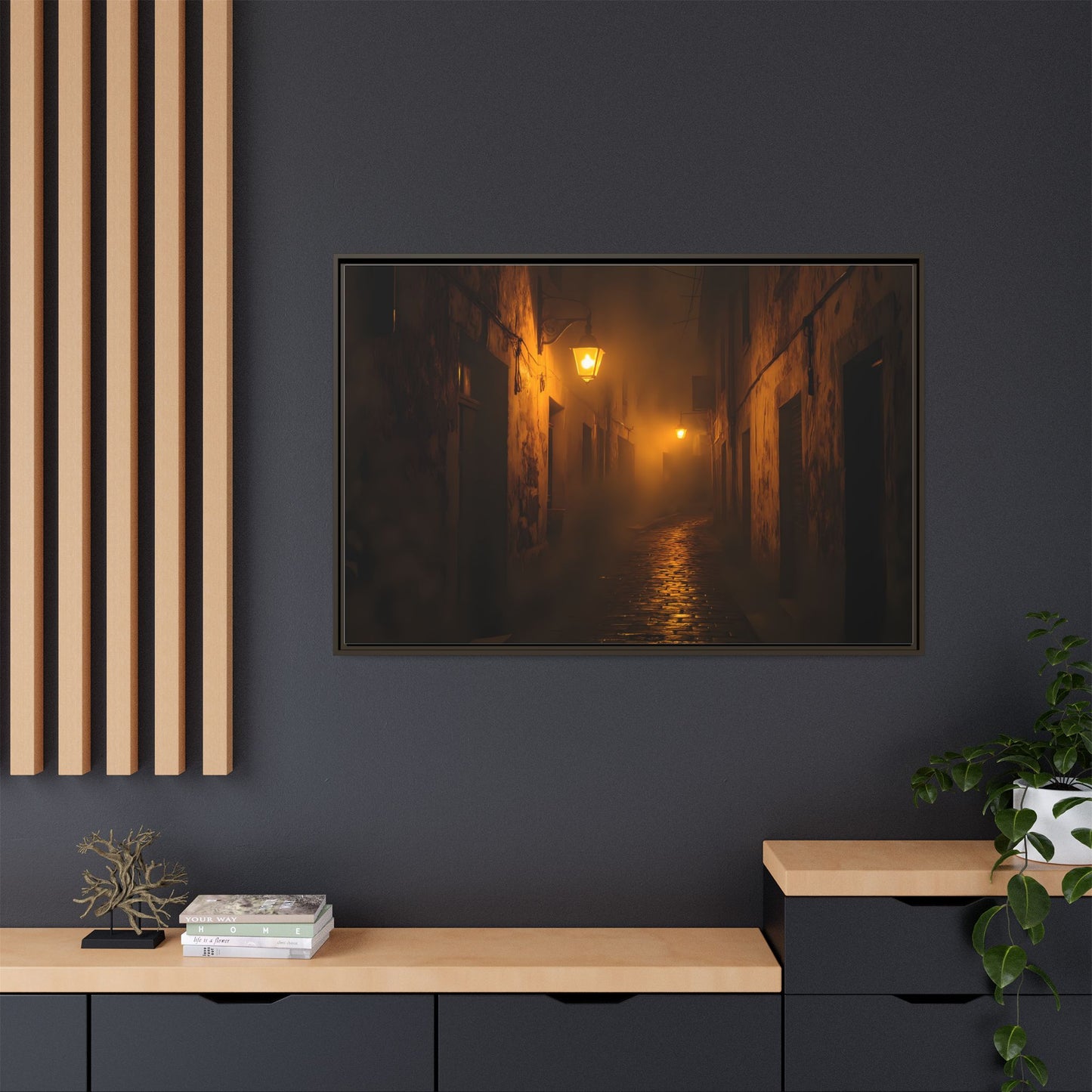 Framed Canvas Art, Foggy Street, Moody Wall Decor, Cozy Home Aesthetic, Gift for Art Lovers, Nighttime Atmosphere