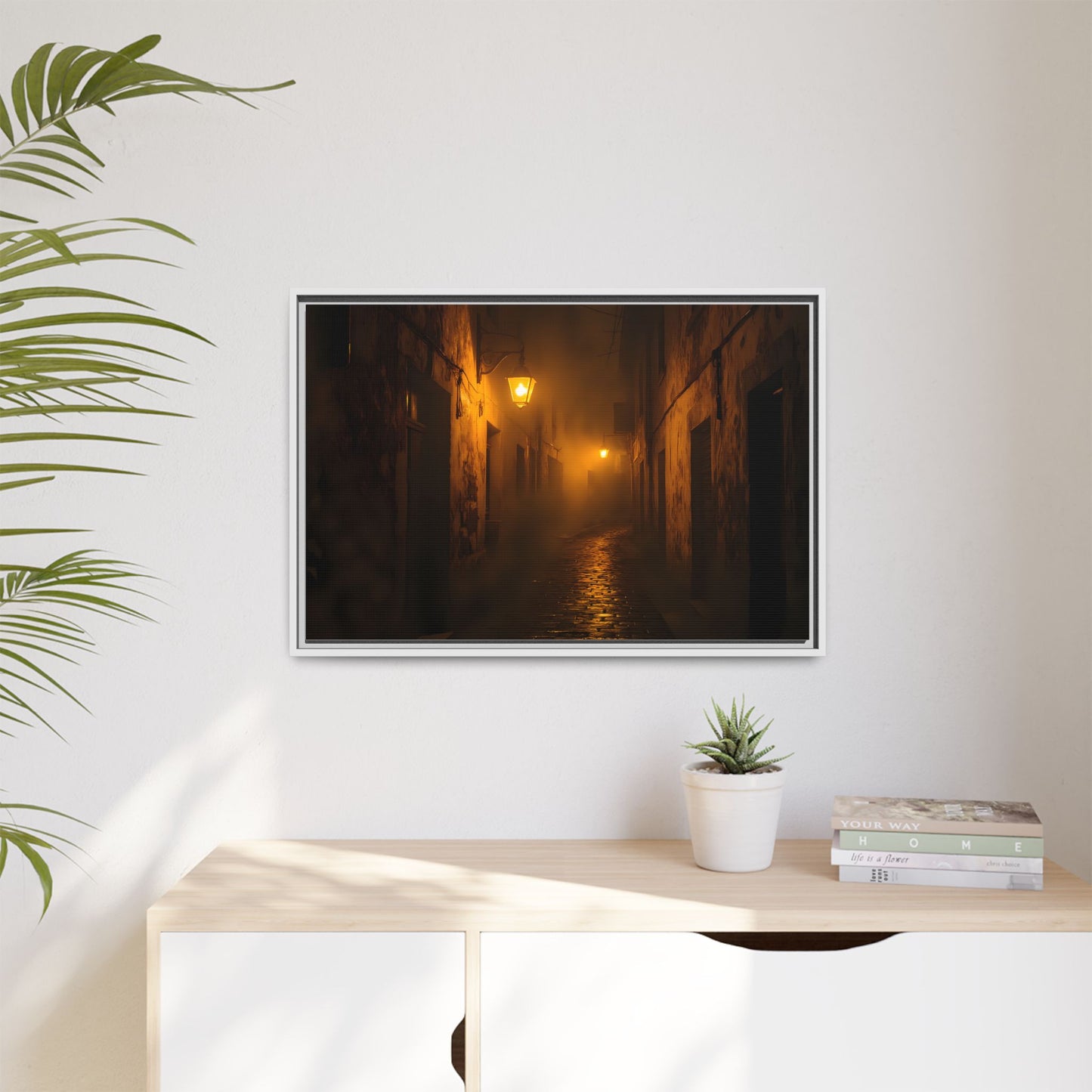Framed Canvas Art, Foggy Street, Moody Wall Decor, Cozy Home Aesthetic, Gift for Art Lovers, Nighttime Atmosphere