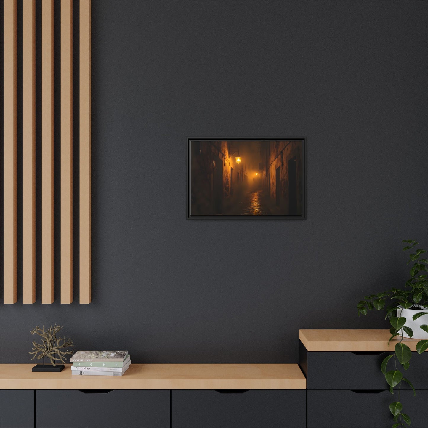 Framed Canvas Art, Foggy Street, Moody Wall Decor, Cozy Home Aesthetic, Gift for Art Lovers, Nighttime Atmosphere