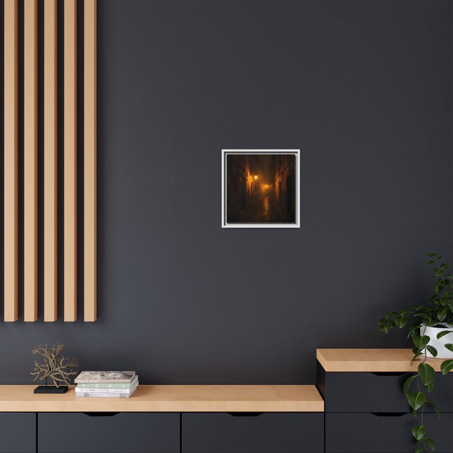 Framed Canvas Art, Foggy Street, Moody Wall Decor, Cozy Home Aesthetic, Gift for Art Lovers, Nighttime Atmosphere