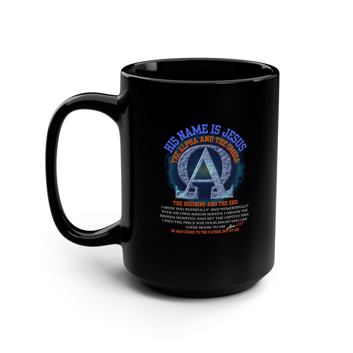 The Alpha Omega 15oz Black Mug is perfect for coffee lovers