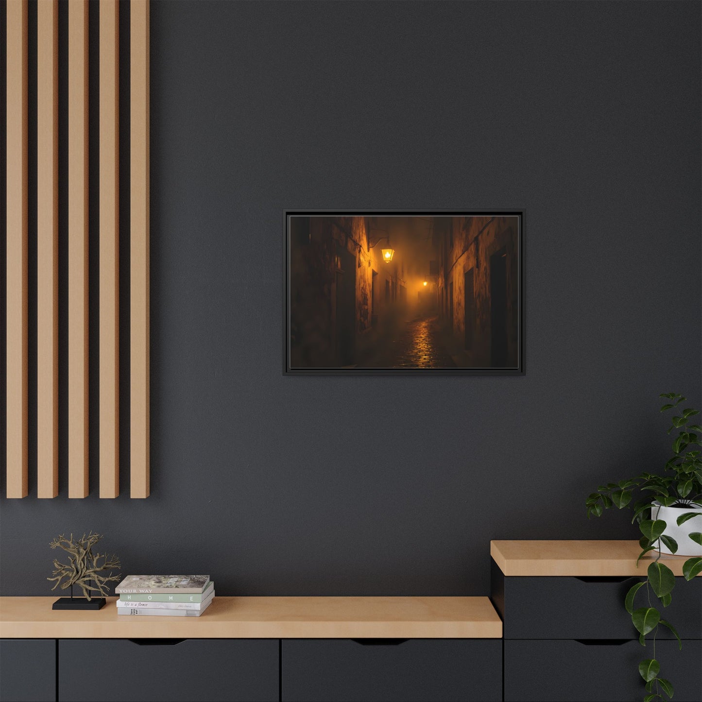 Framed Canvas Art, Foggy Street, Moody Wall Decor, Cozy Home Aesthetic, Gift for Art Lovers, Nighttime Atmosphere
